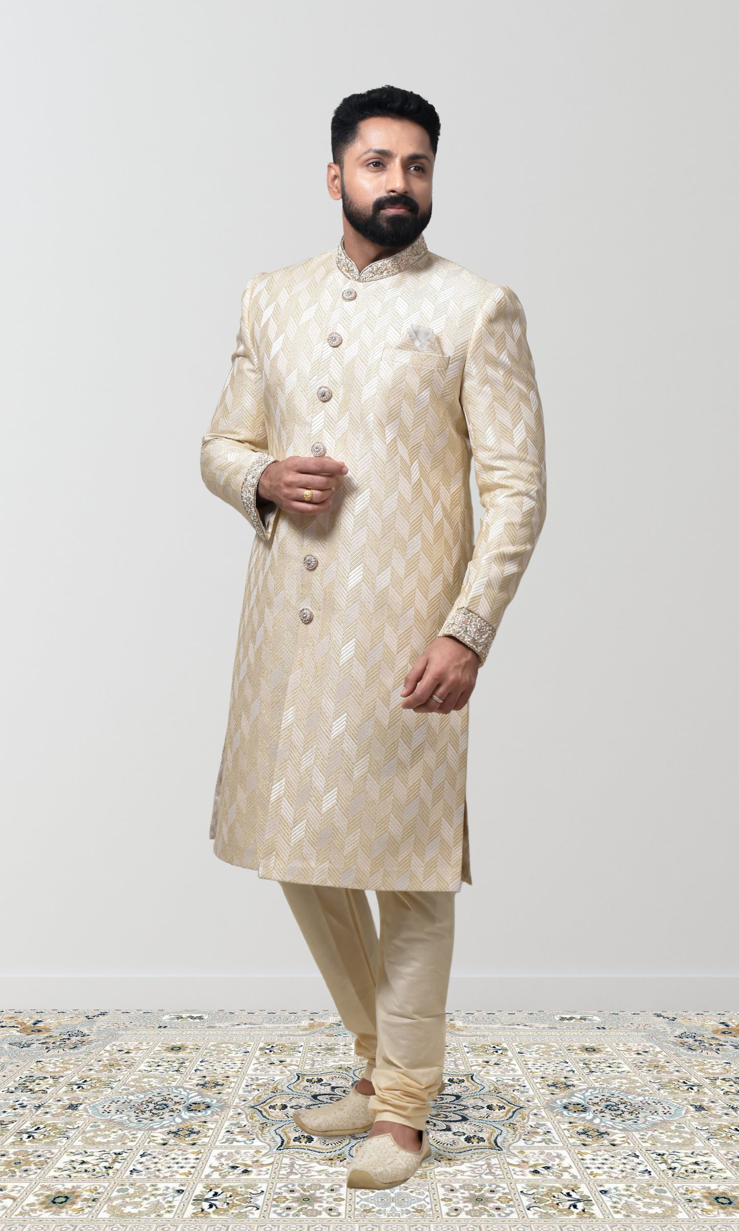 Majestic Ivory-Gold Woven Sherwani with Ornate Pearl Work & Zari Embellishments