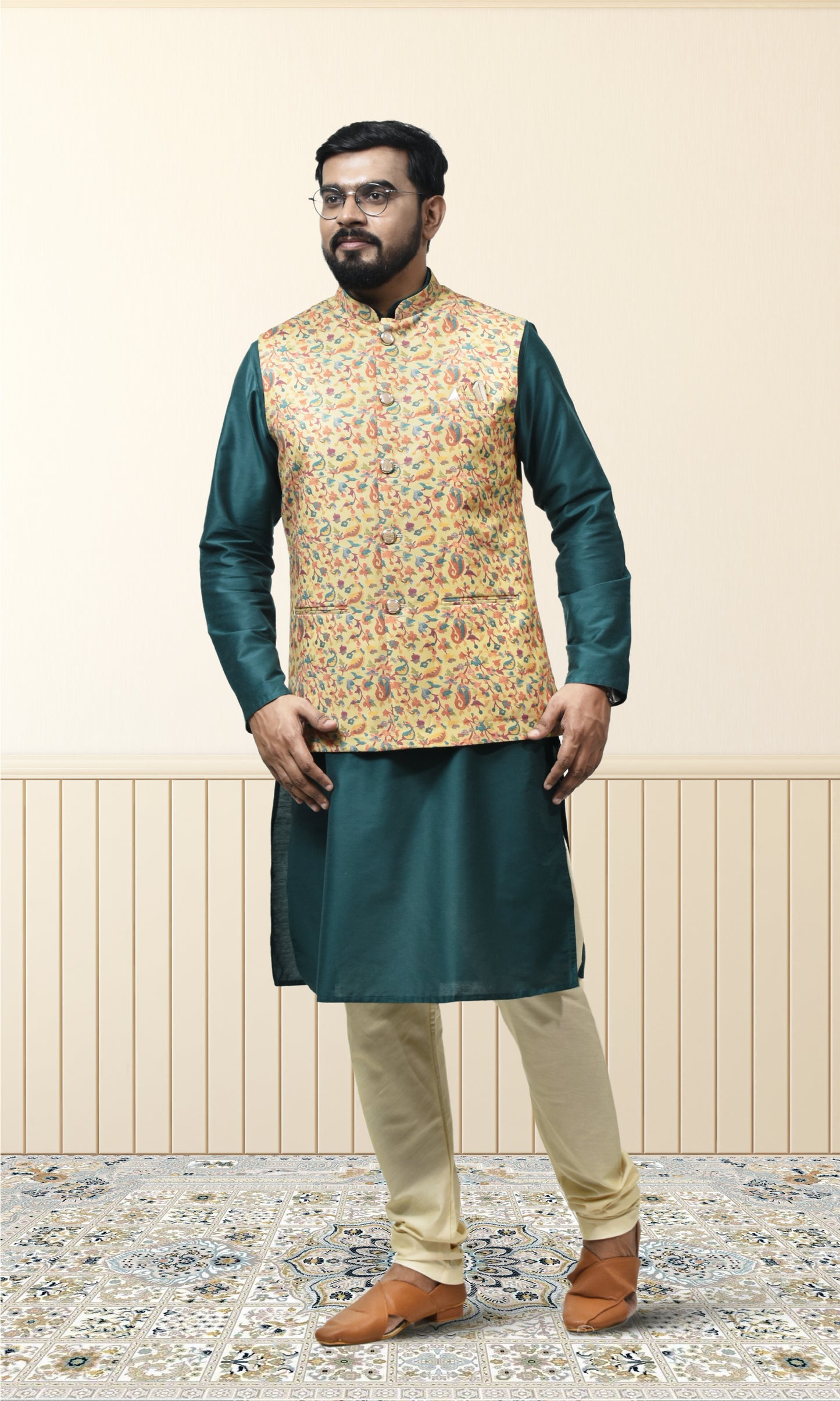 Haldi Yellow Pashmina Inspired Jacket with Botanical Flourishes