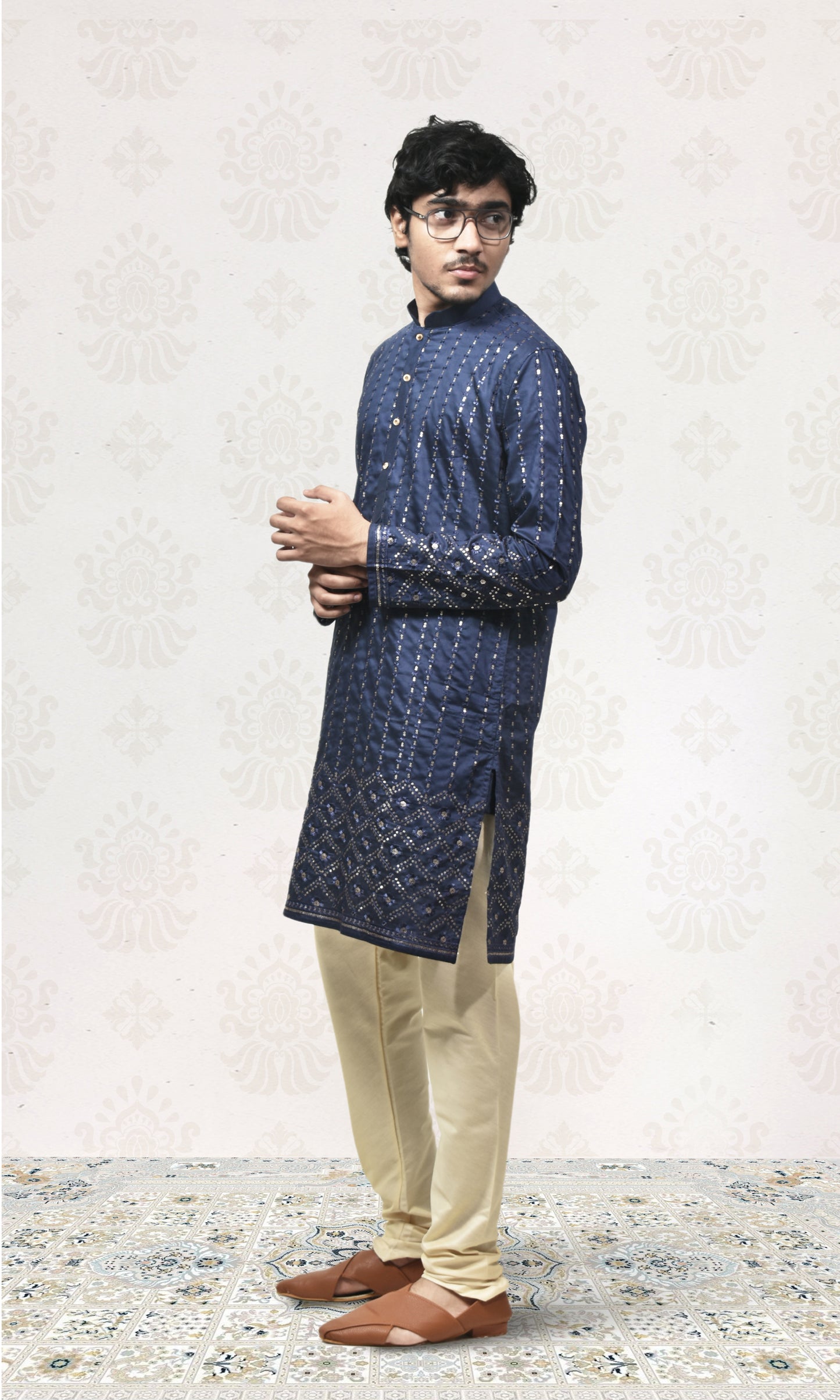 Starlit Navy Kurta with Luminous Gold Embroidery
