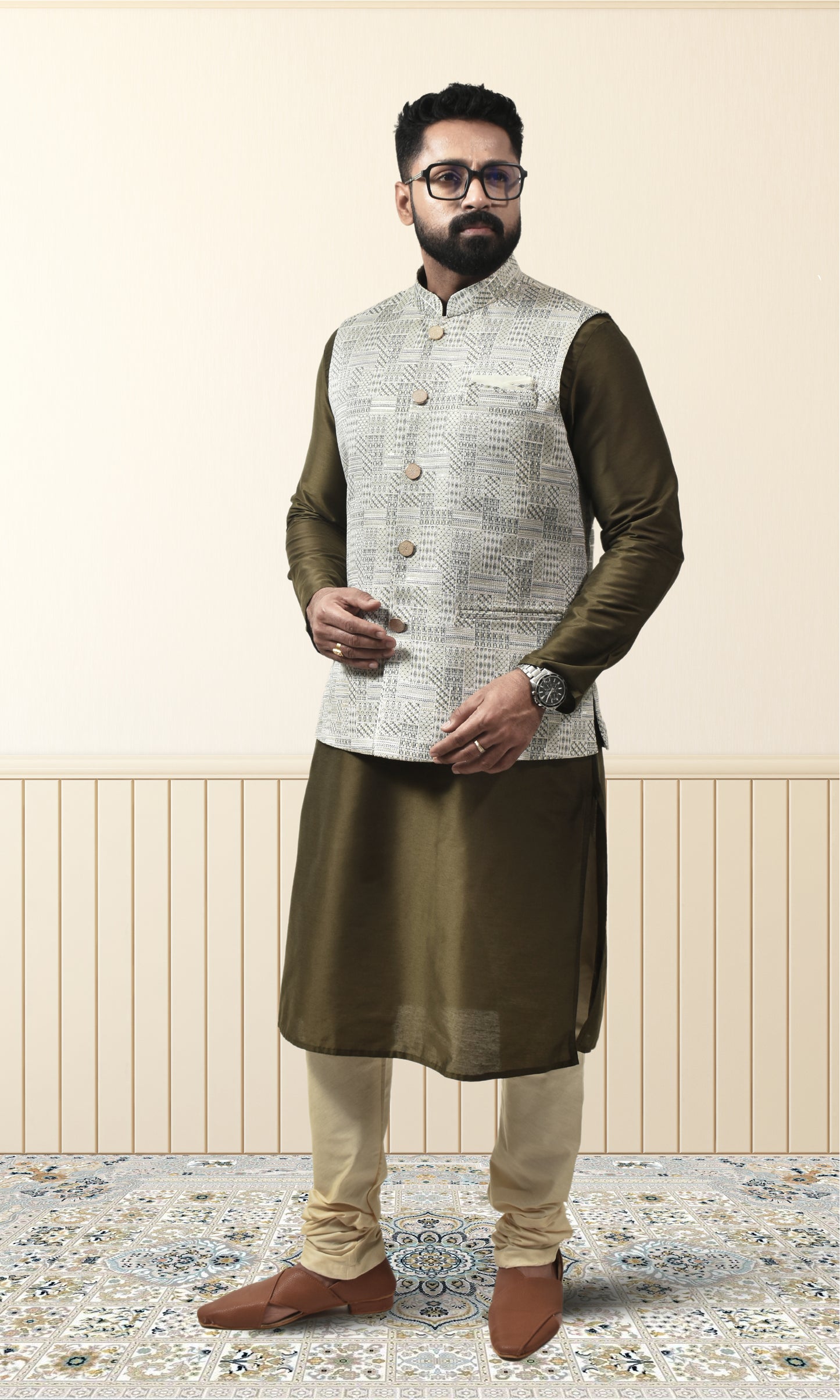 Ivory With Mehendi Green Prism Jacket with Enchanted Sequin Weave