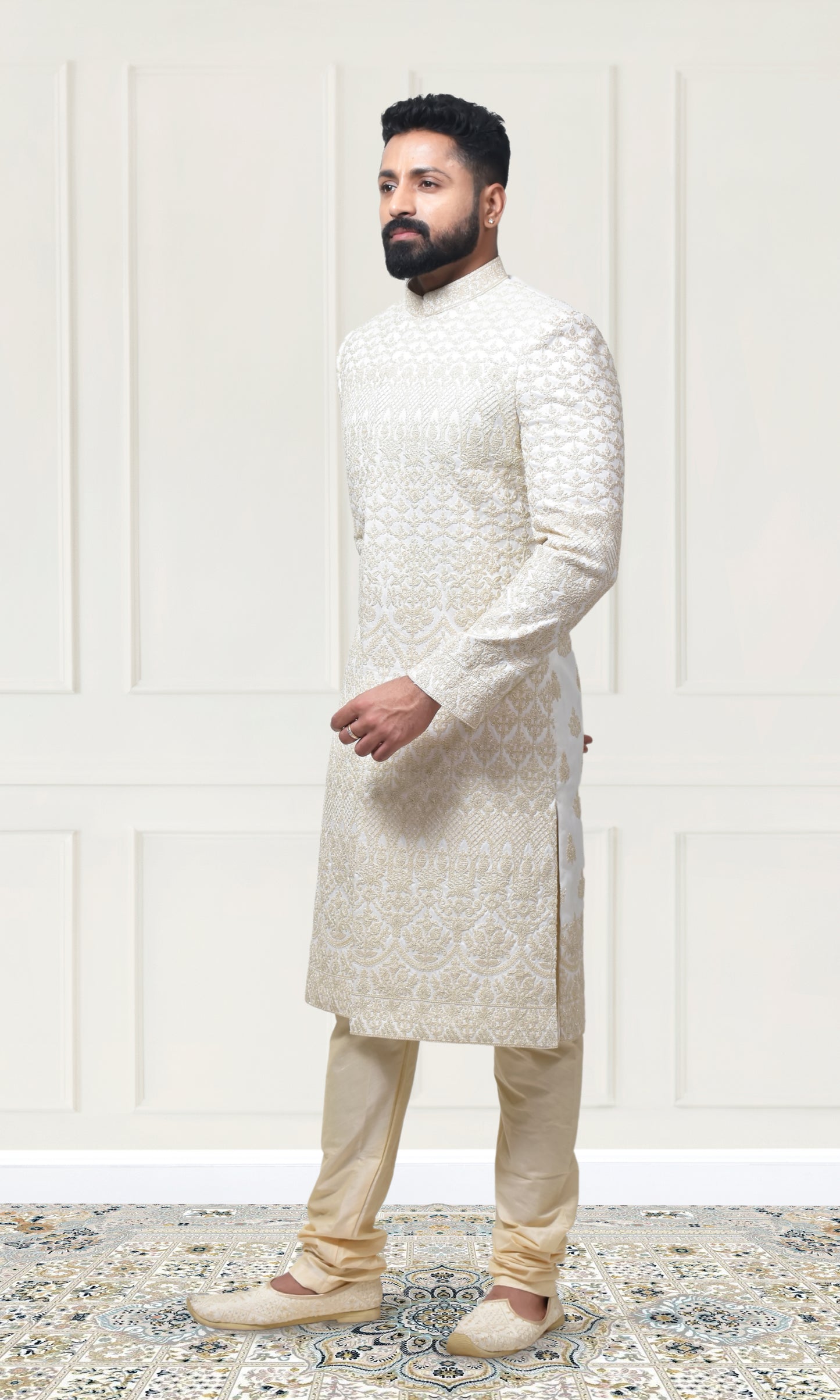 Majestic Ivory Gold Sherwani with Intricate Resham Threadwork & Ornate Weaving