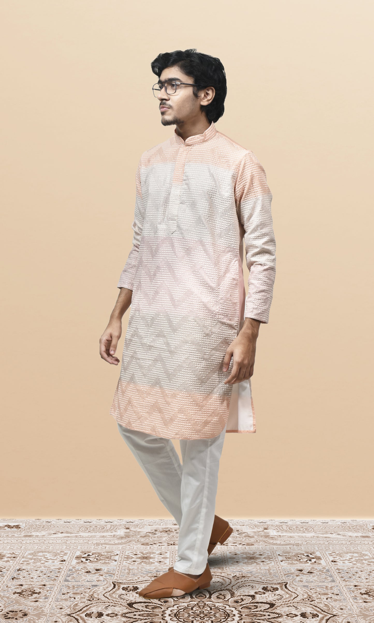Blush & Ivory Ombre Kurta with Subtle Chevron Weaves & Sequin Embellished