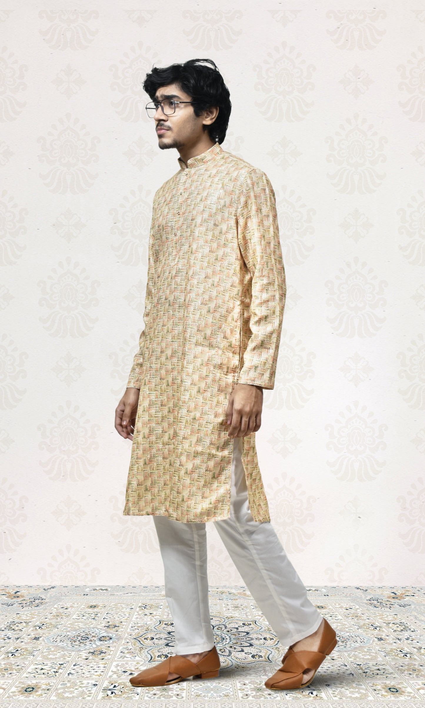 Handwoven Basket Illusion Kurta in Muted Gold & Sage