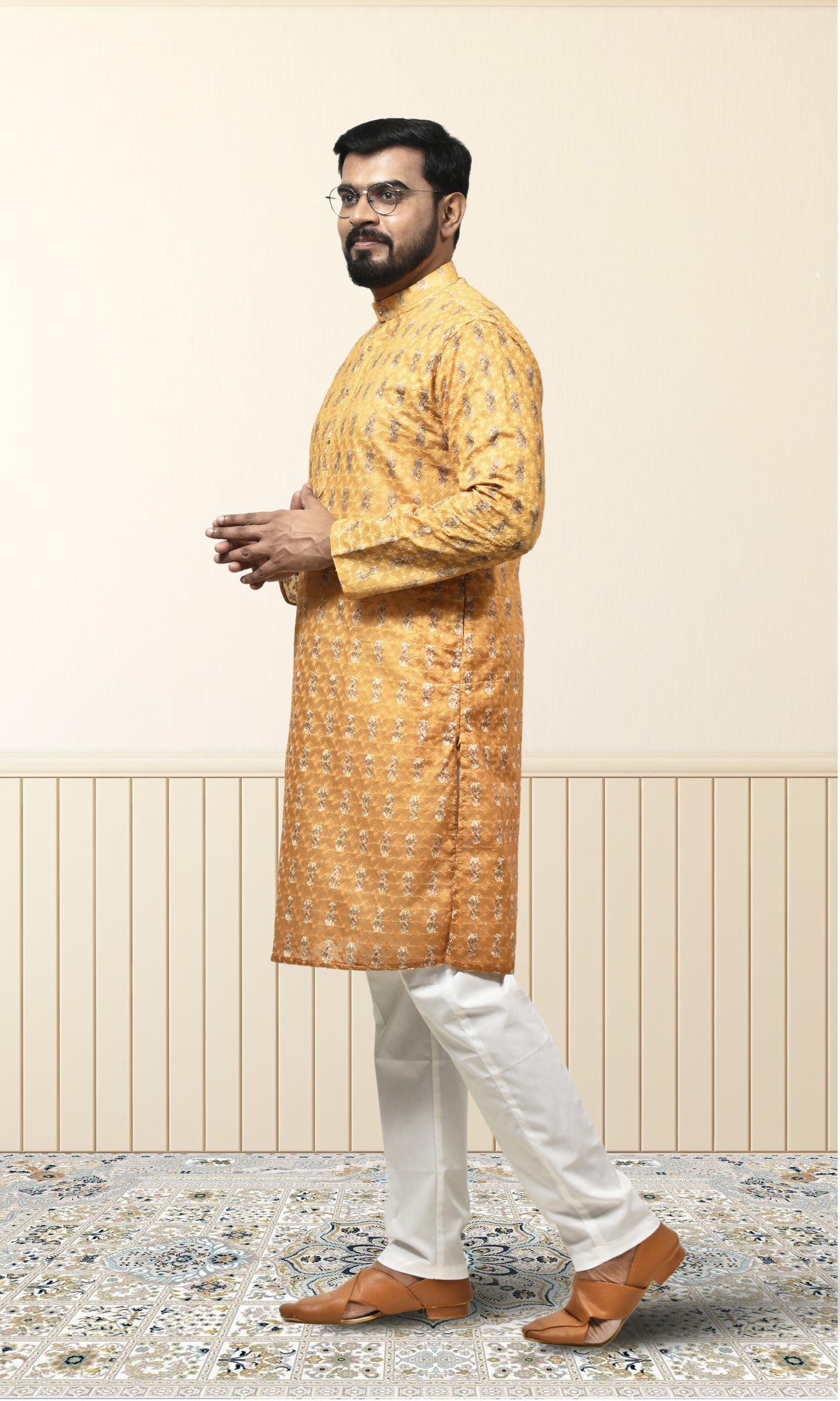 Amber to Saffron Ombre Kurta with Regal Threadwork And Butta Embellishments