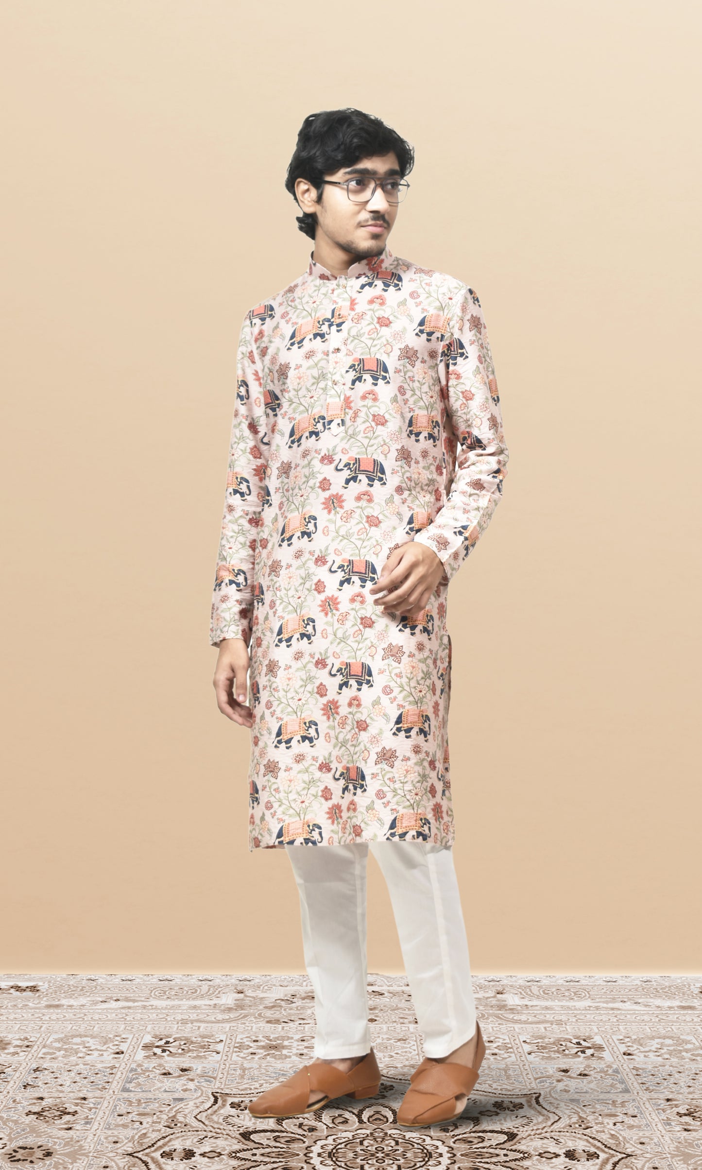 Ivory Floral Royalty Kurta with Heritage Elephant Prints