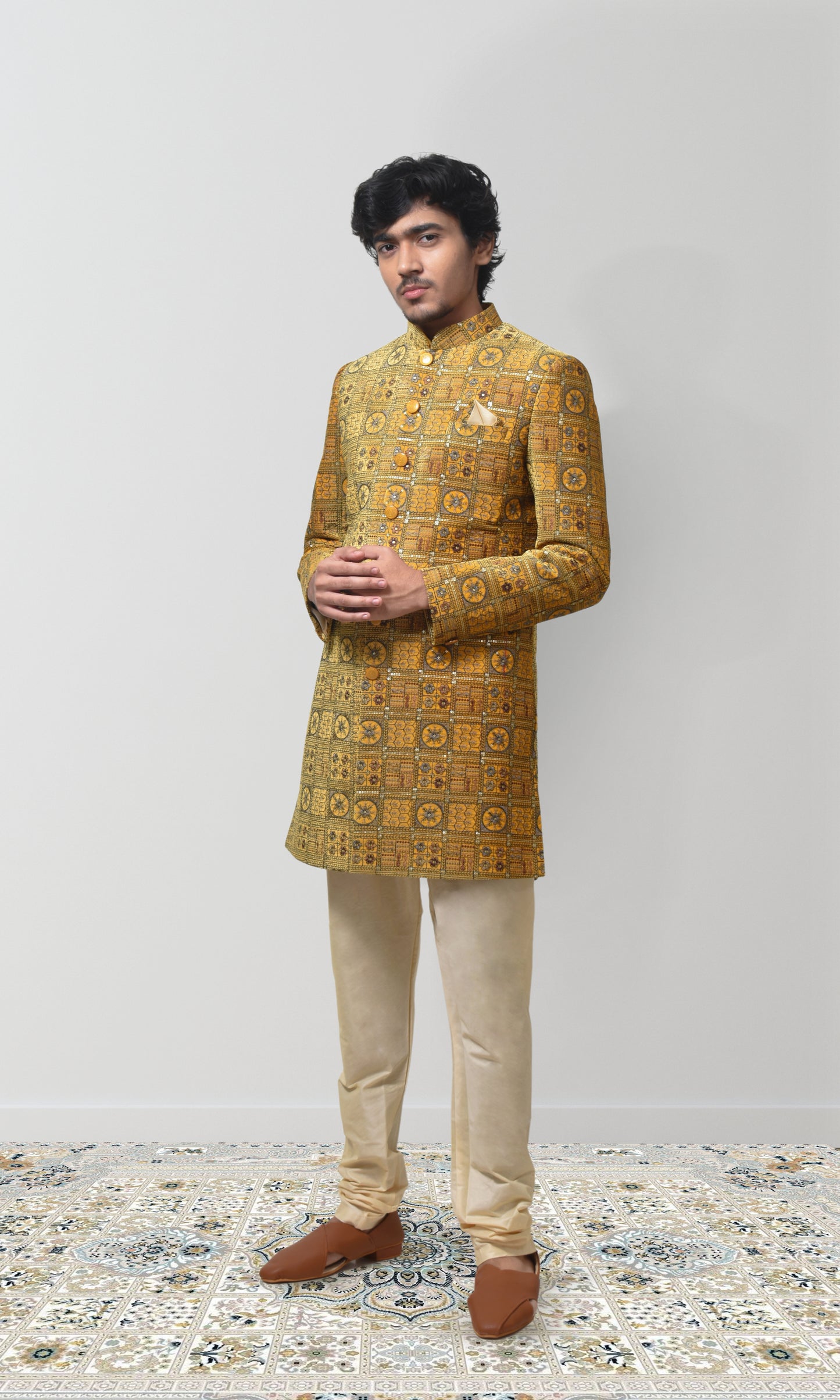 Golden Saffron Indo-Western with Vintage Minakari Embroidery