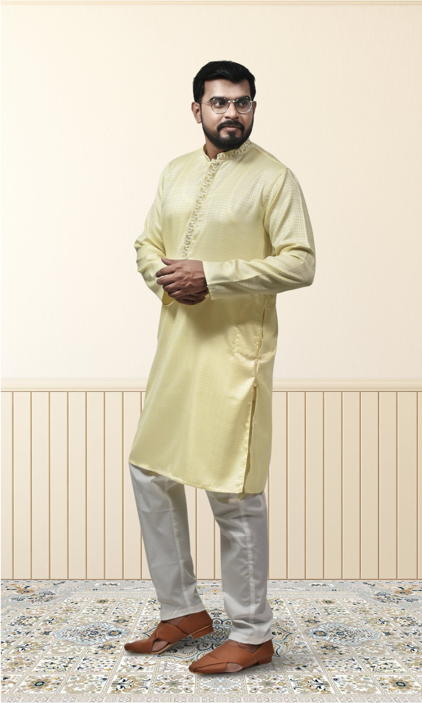 Golden Glow Lemon Radiance Kurta with Floral Embroidery