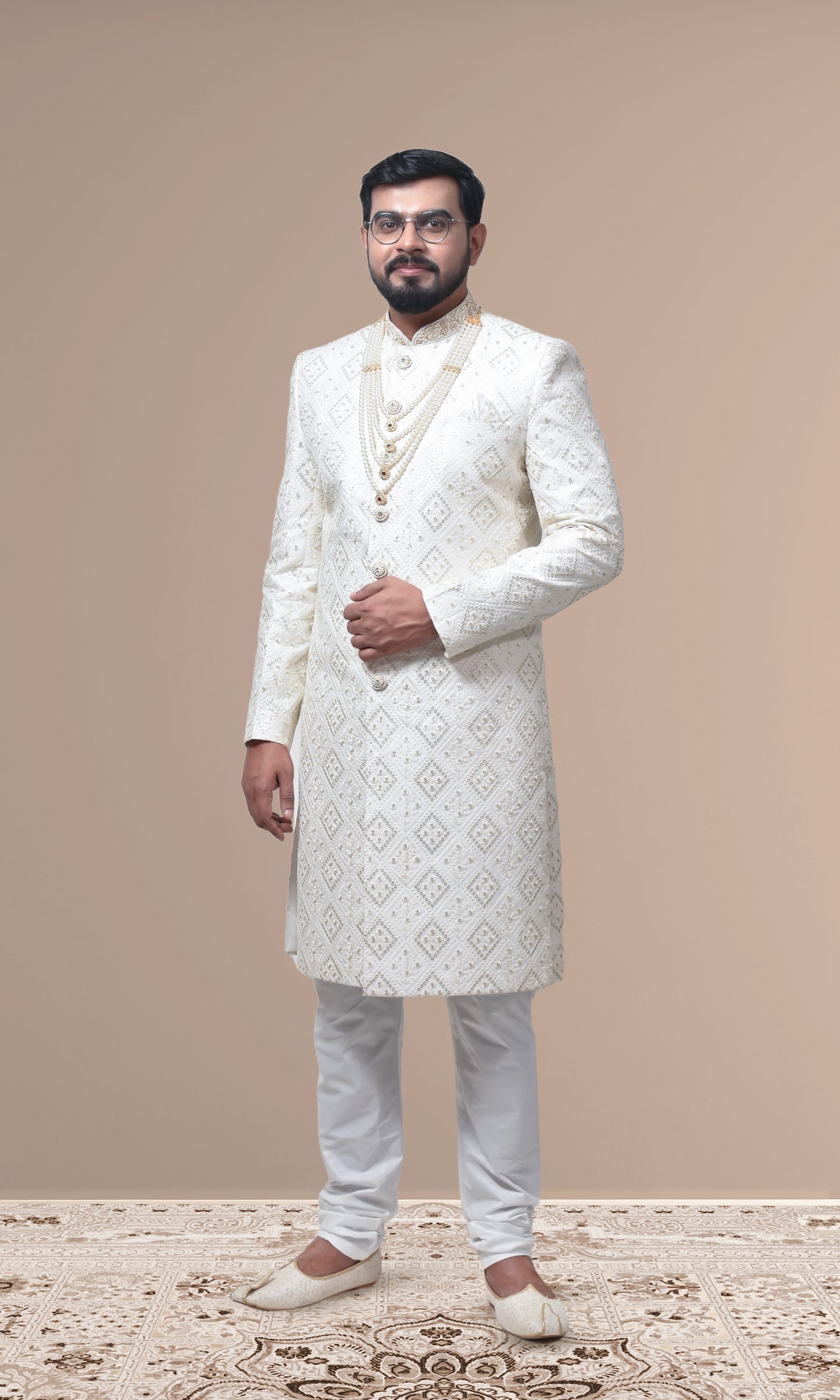 Ivory Diamond-Embroidered Sherwani with Pearl & Zari Embellishments
