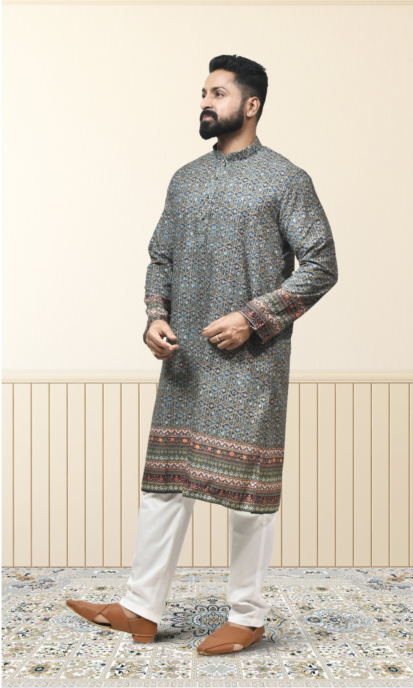Midnight Azure Kurta with Ornate Woven Detailing