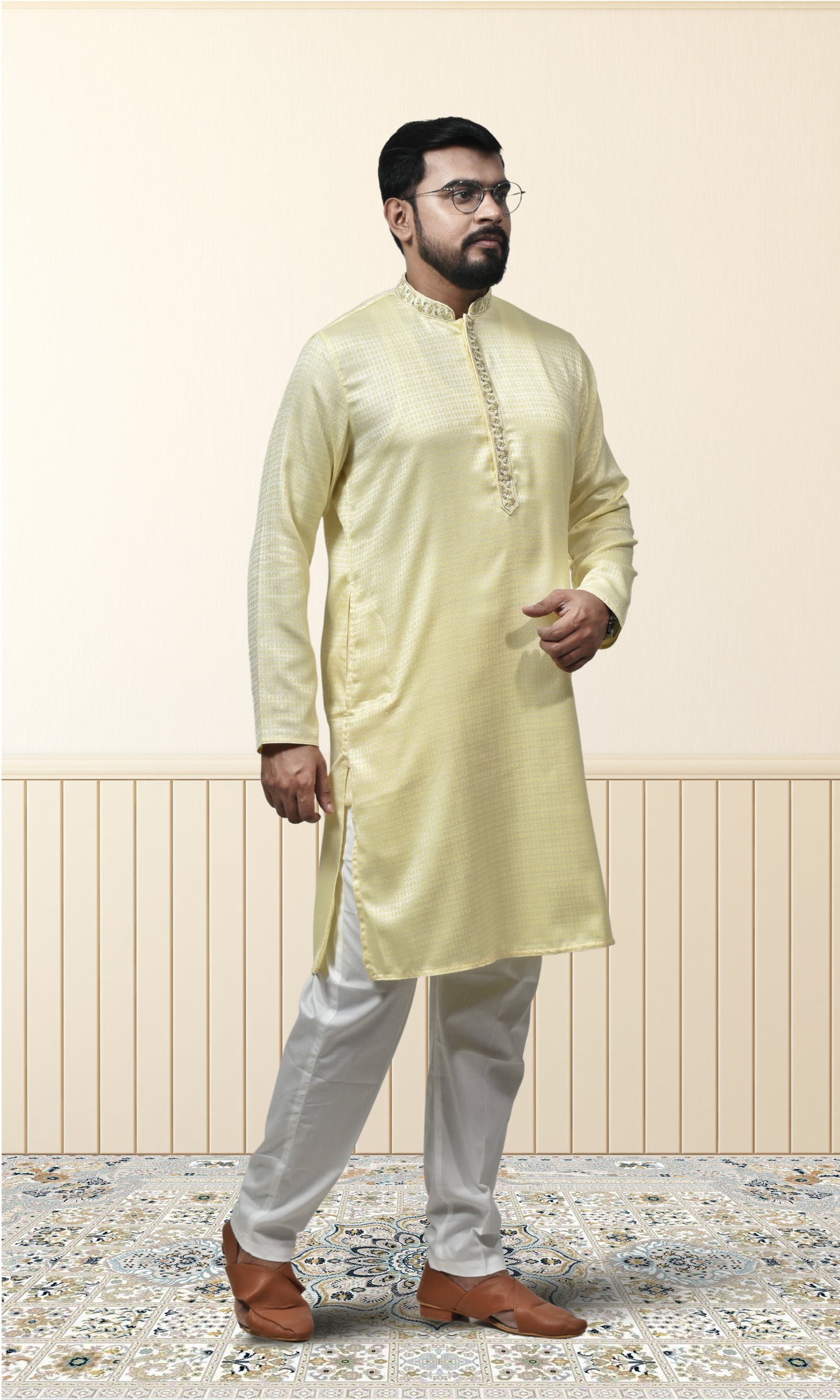 Golden Glow Lemon Radiance Kurta with Floral Embroidery
