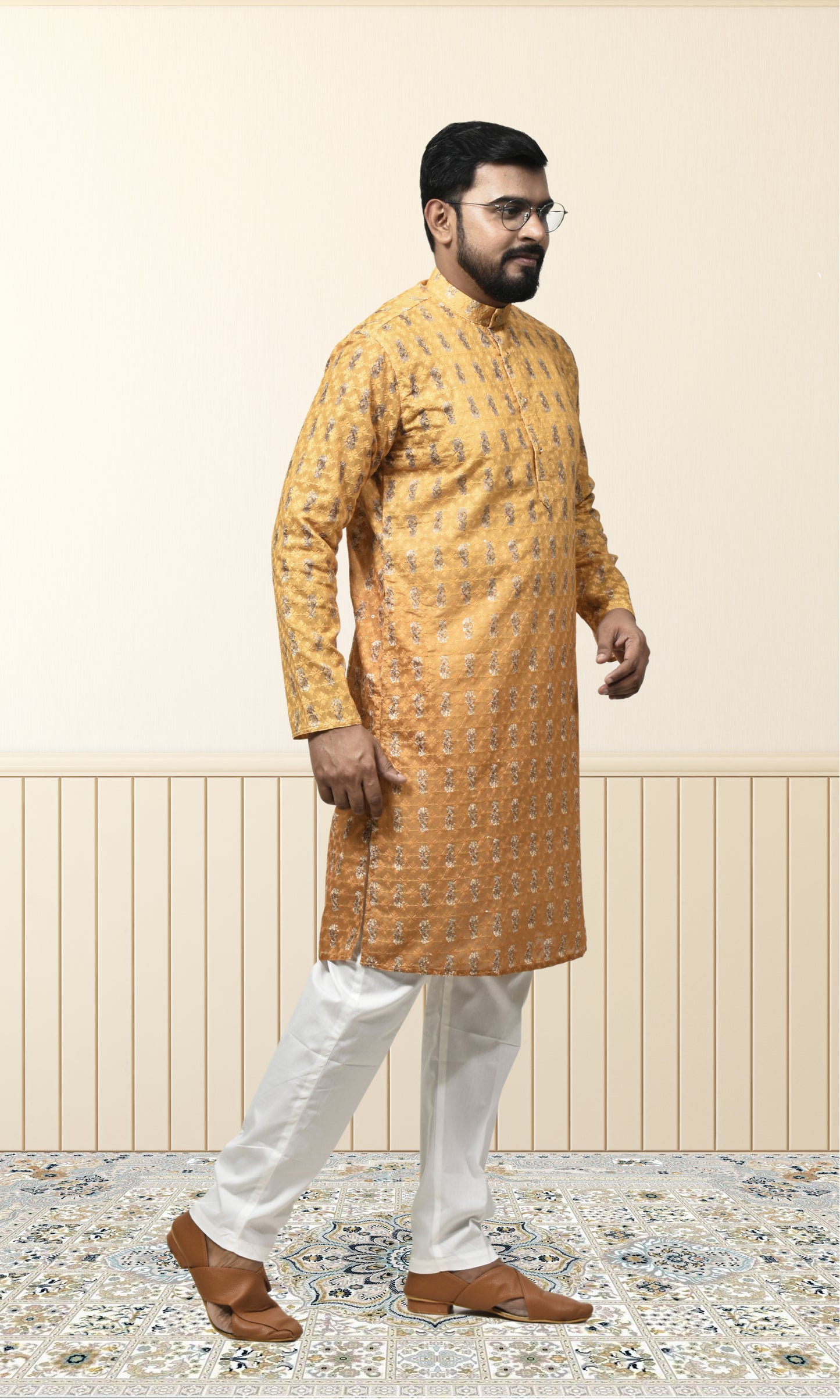 Amber to Saffron Ombre Kurta with Regal Threadwork And Butta Embellishments