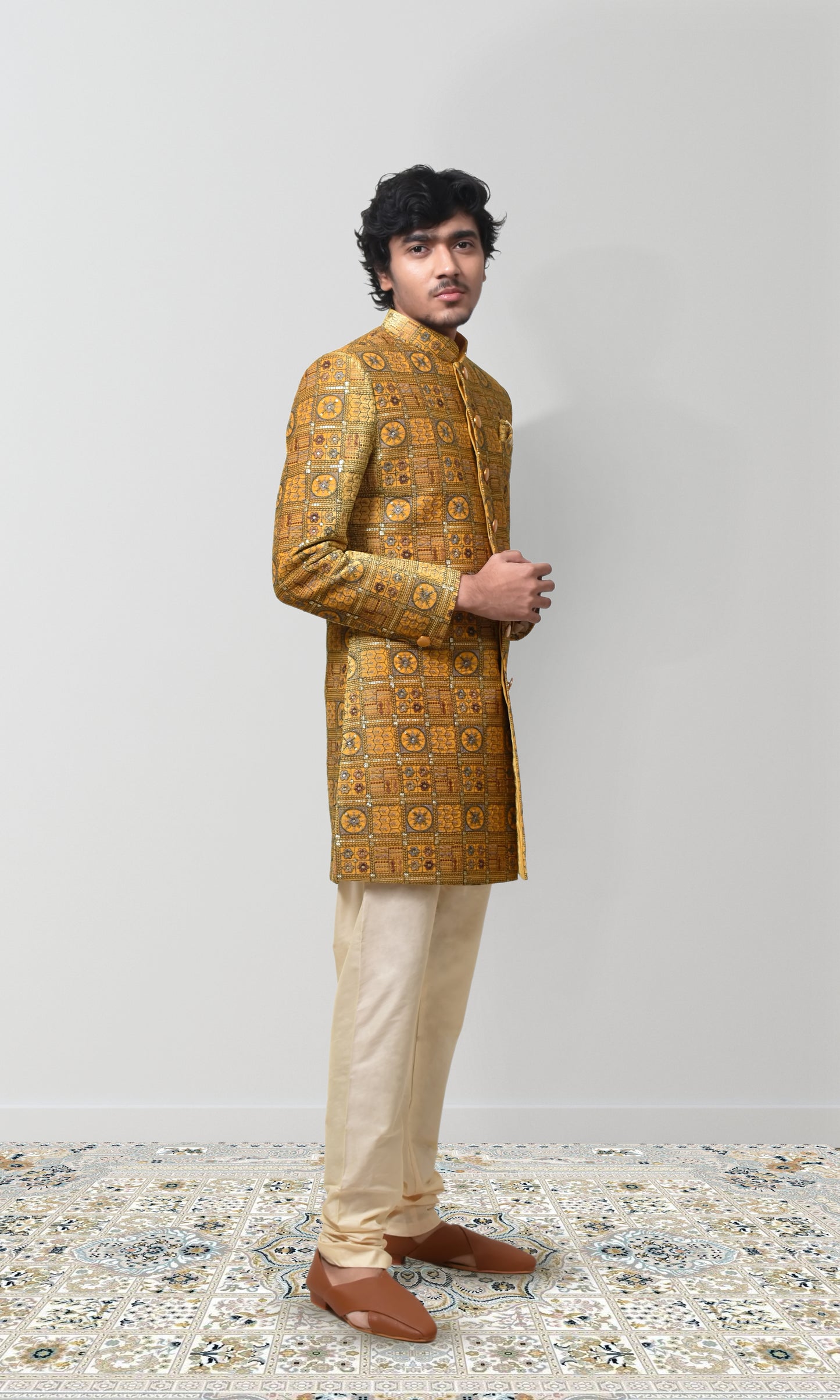 Golden Saffron Indo-Western with Vintage Minakari Embroidery