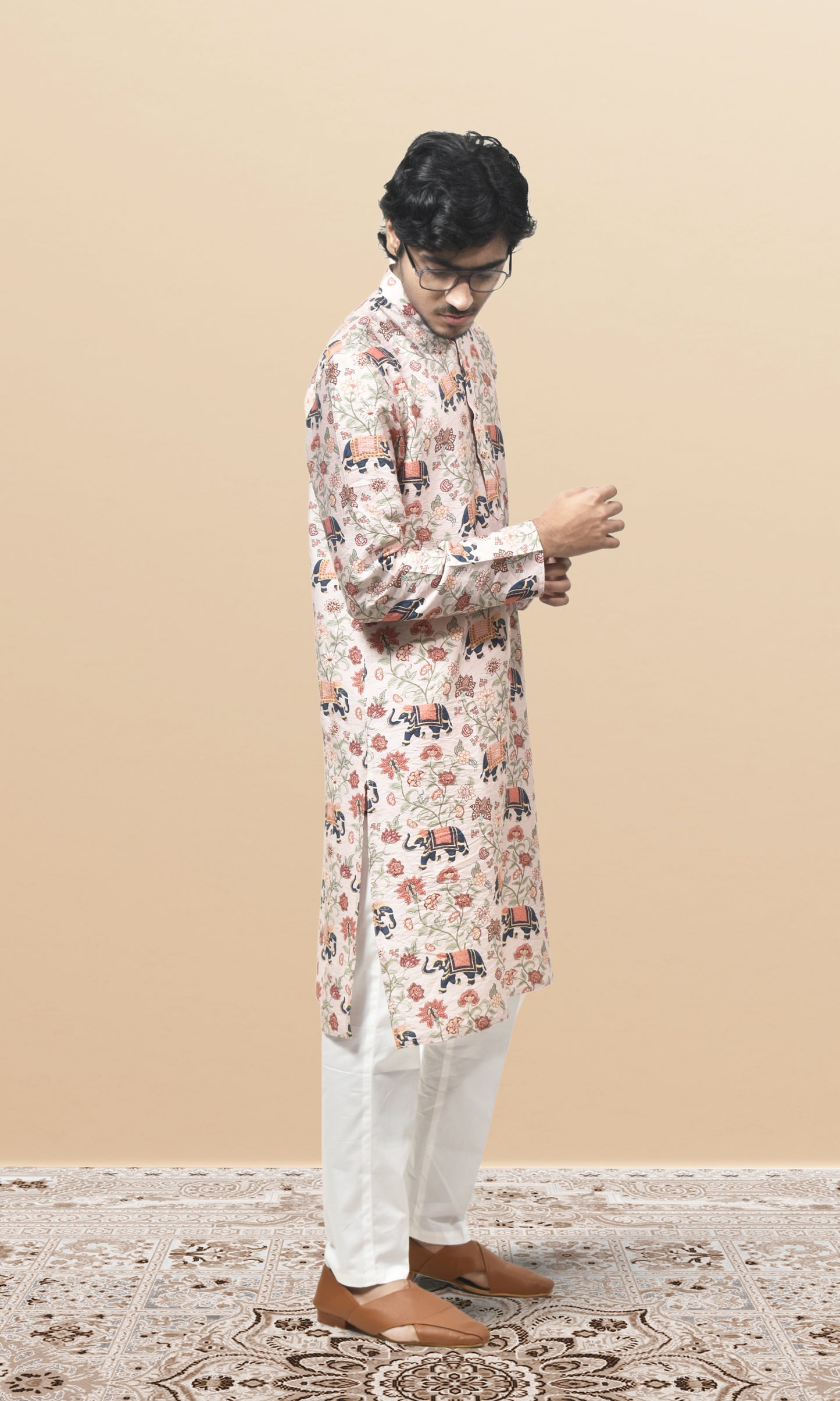 Ivory Floral Royalty Kurta with Heritage Elephant Prints