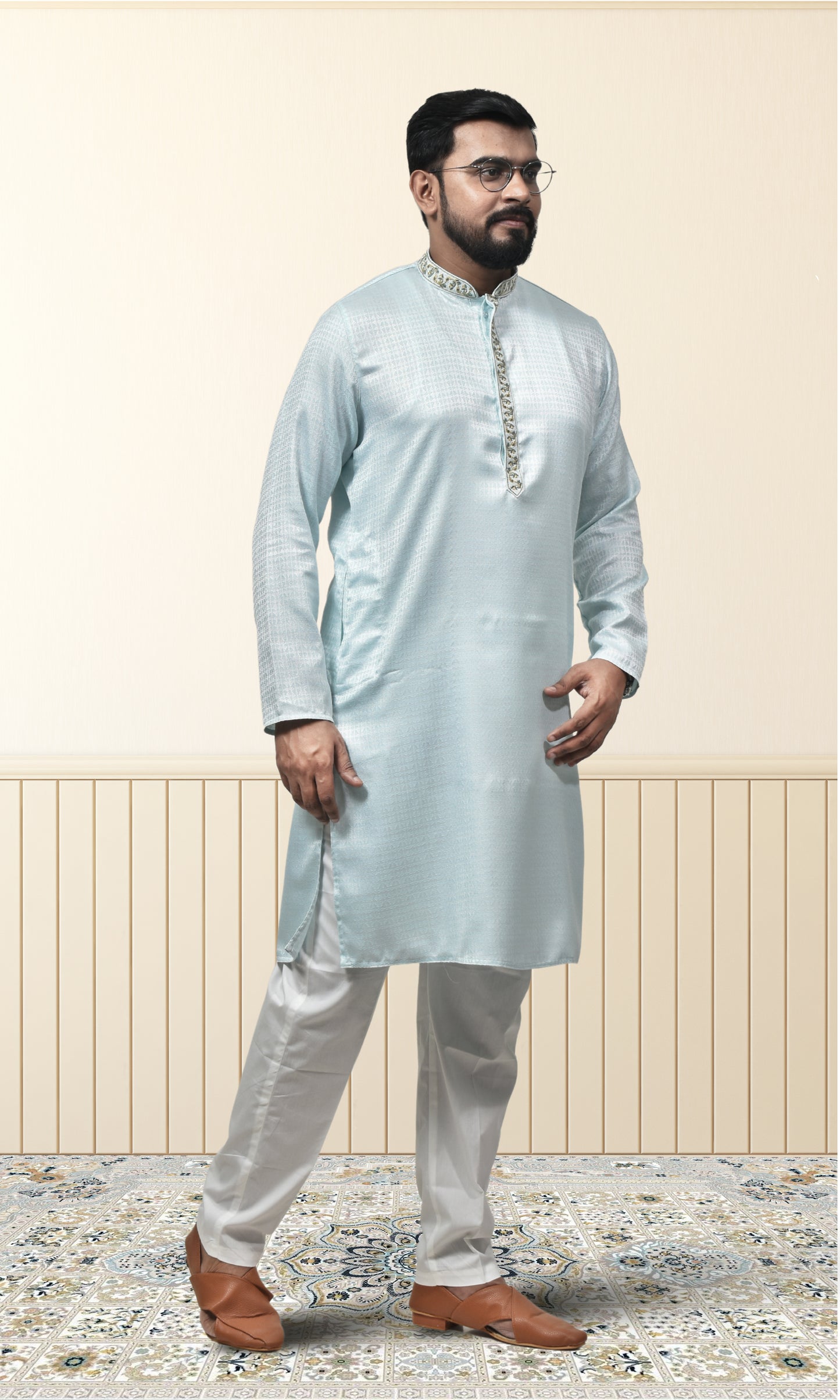 Glacial Blue Radiance Kurta with Floral Embroidery