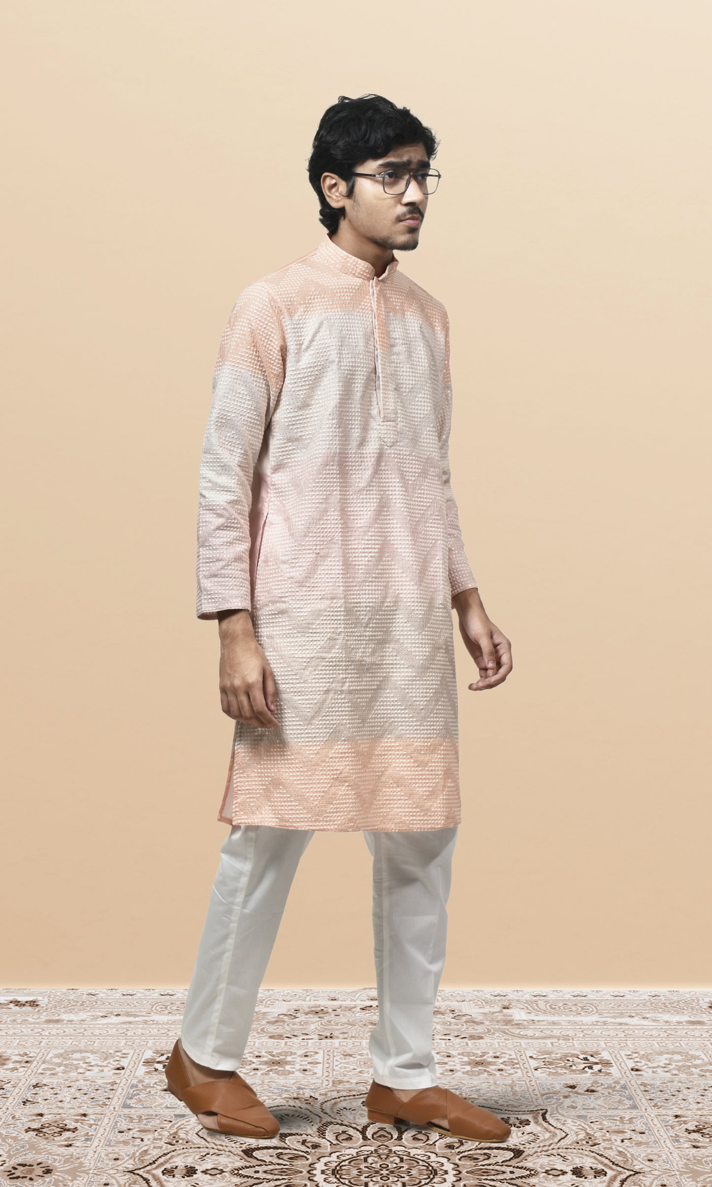 Blush & Ivory Ombre Kurta with Subtle Chevron Weaves & Sequin Embellished