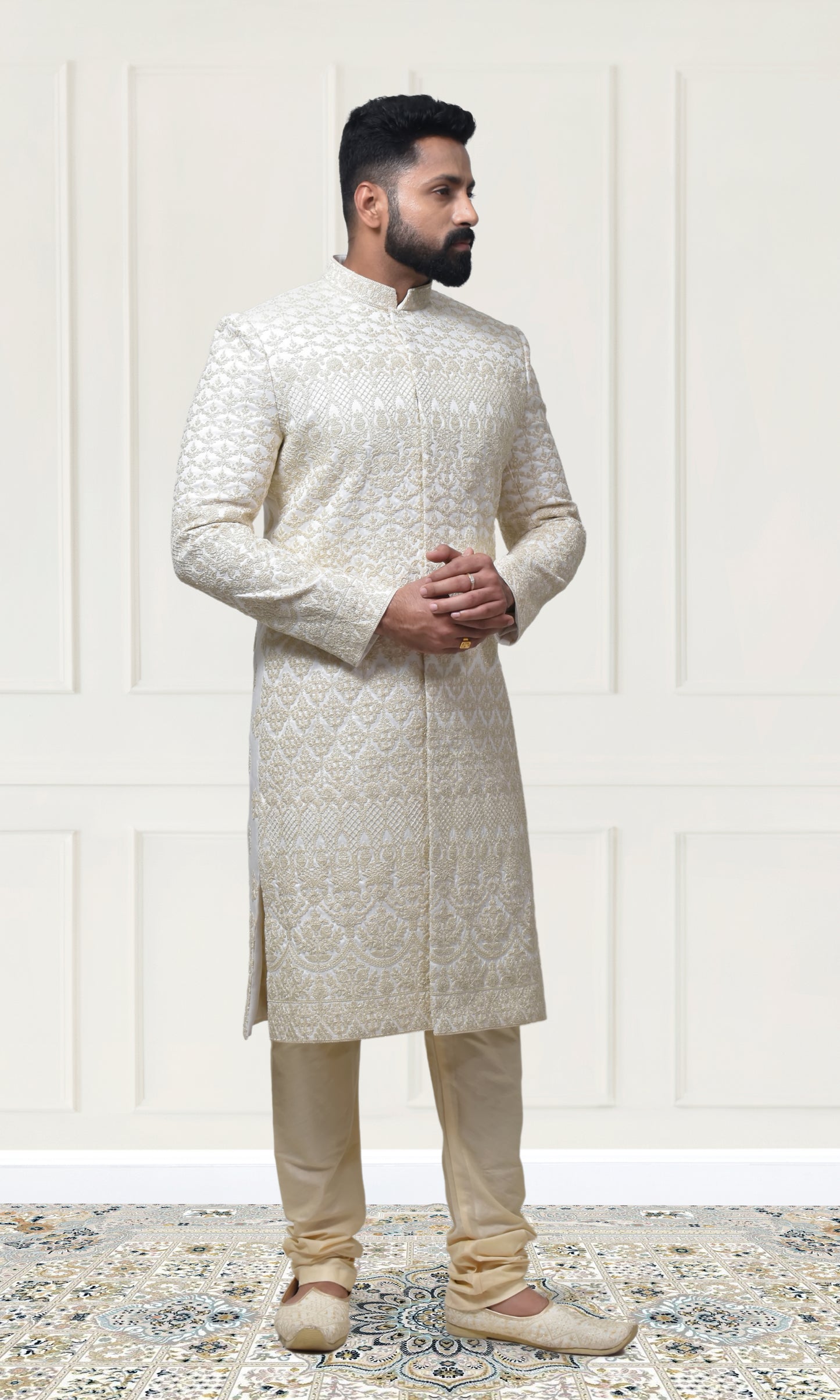 Majestic Ivory Gold Sherwani with Intricate Resham Threadwork & Ornate Weaving