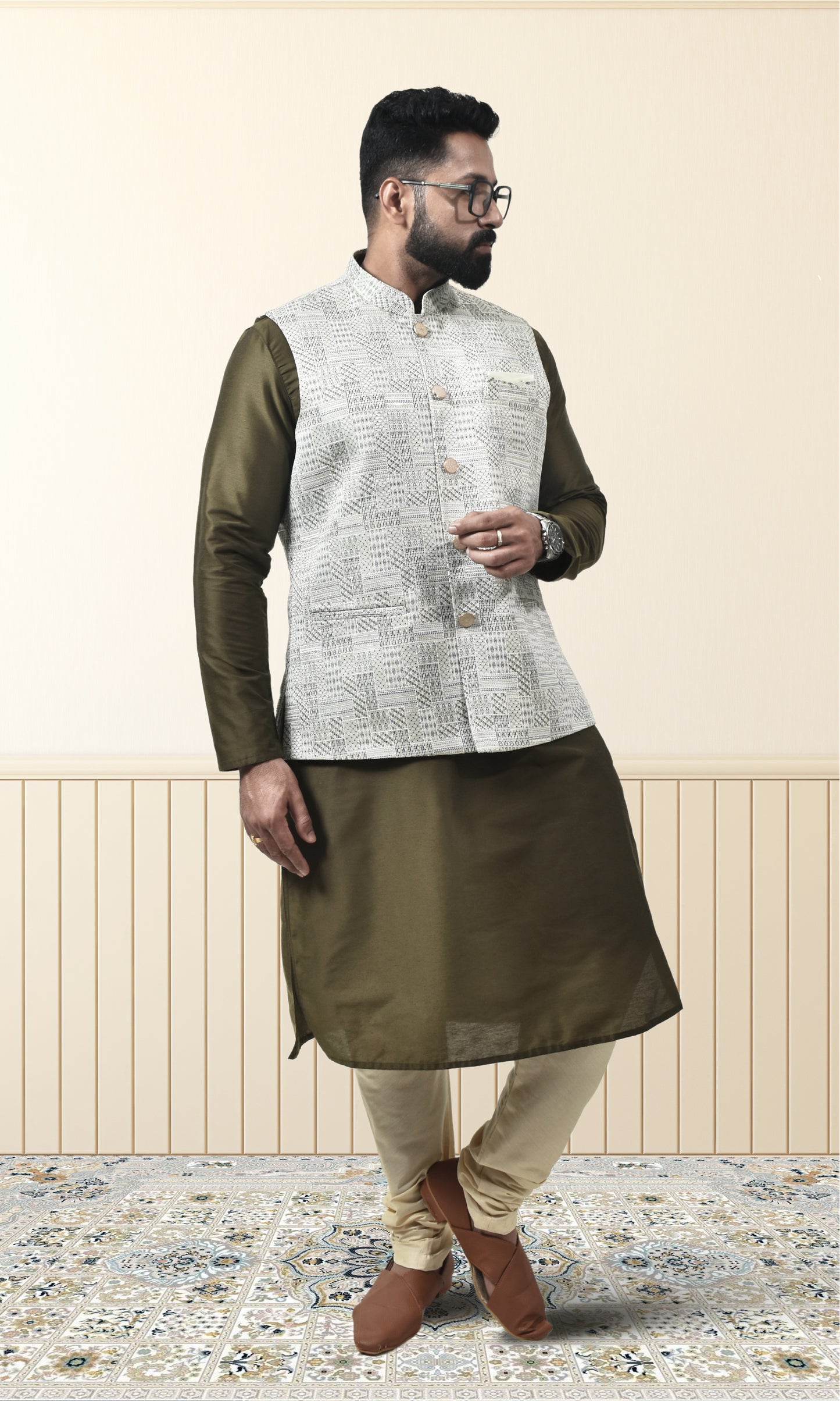 Ivory With Mehendi Green Prism Jacket with Enchanted Sequin Weave