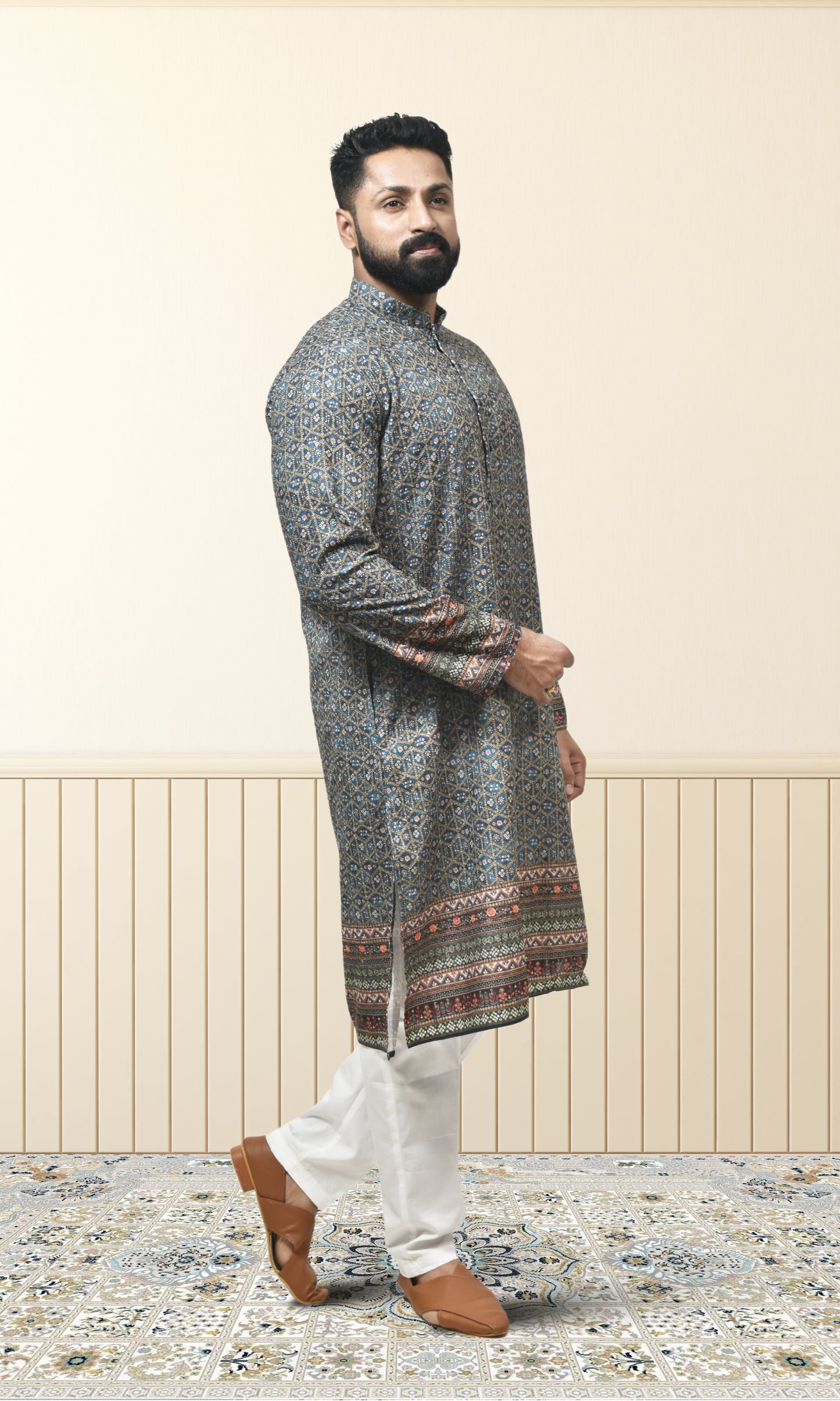 Midnight Azure Kurta with Ornate Woven Detailing