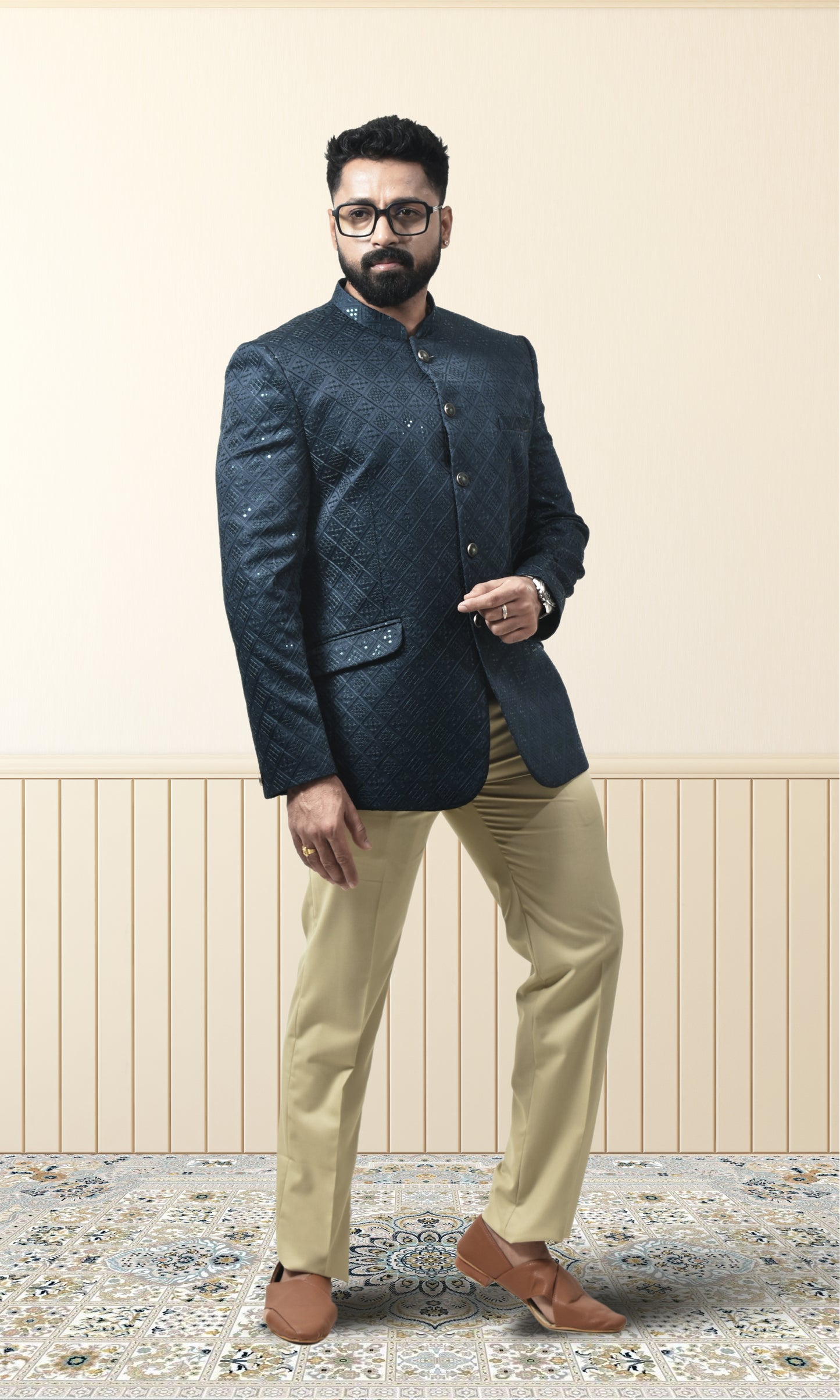 Midnight Teal Geometric Bandhgala with Sparkling Embellishments