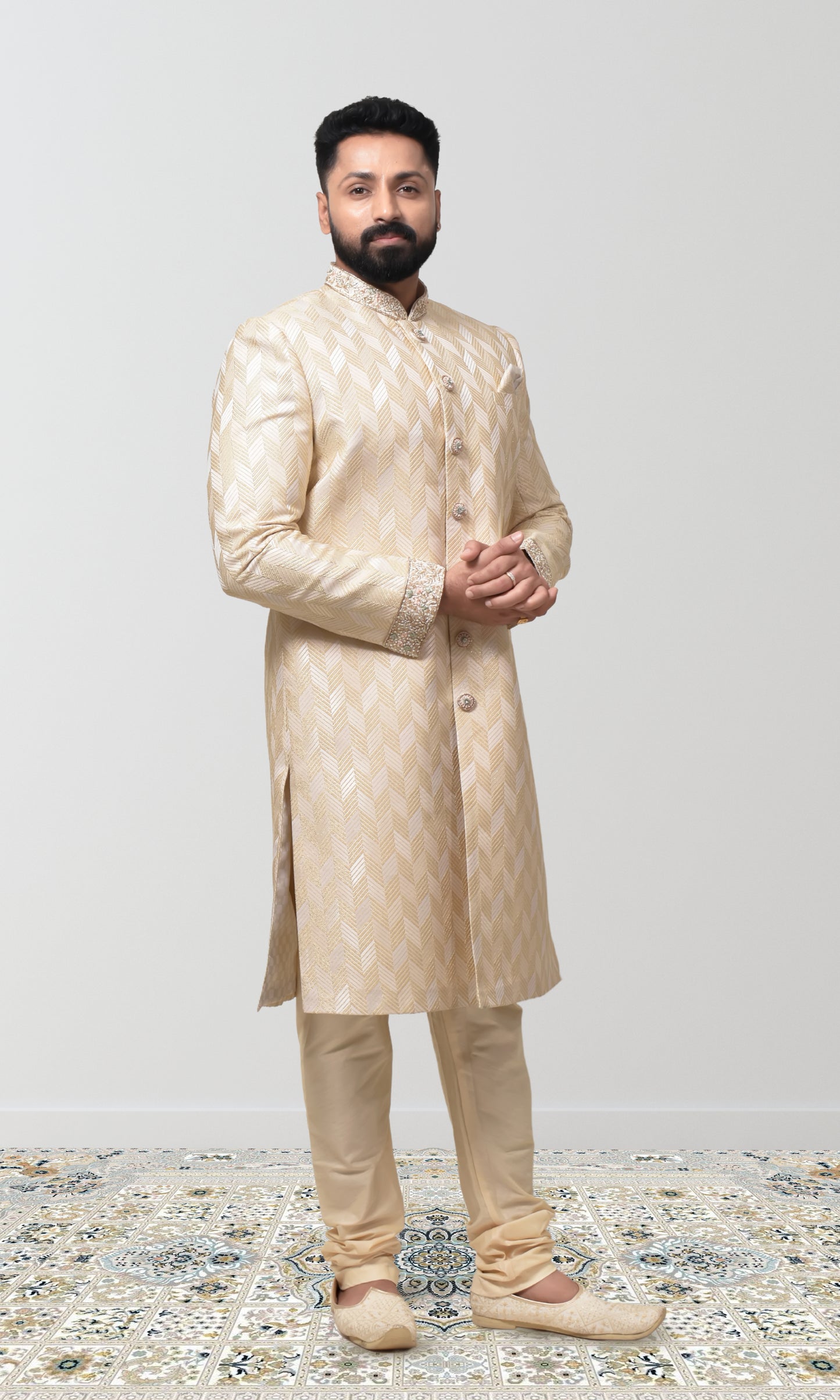 Majestic Ivory-Gold Woven Sherwani with Ornate Pearl Work & Zari Embellishments