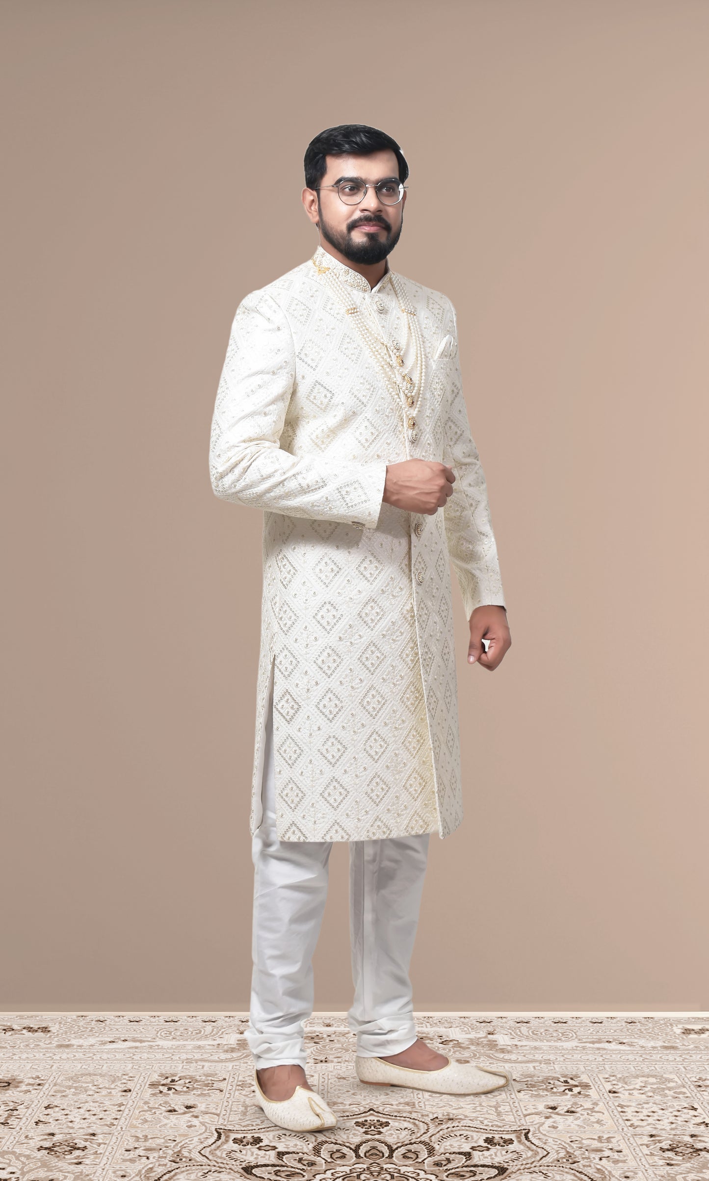 Ivory Diamond-Embroidered Sherwani with Pearl & Zari Embellishments