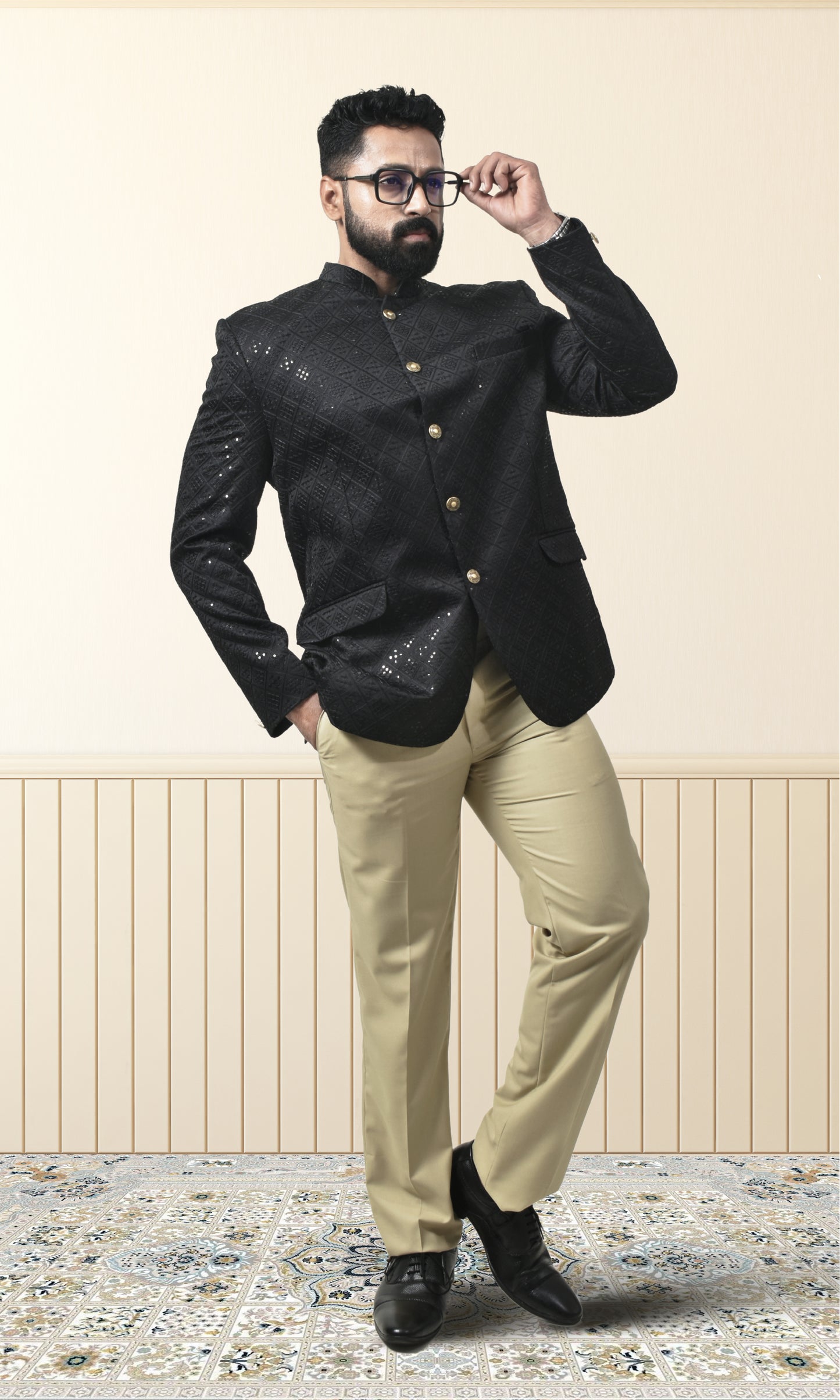 Obsidian Black Geometric Bandhgala with Sparkling Embellishments