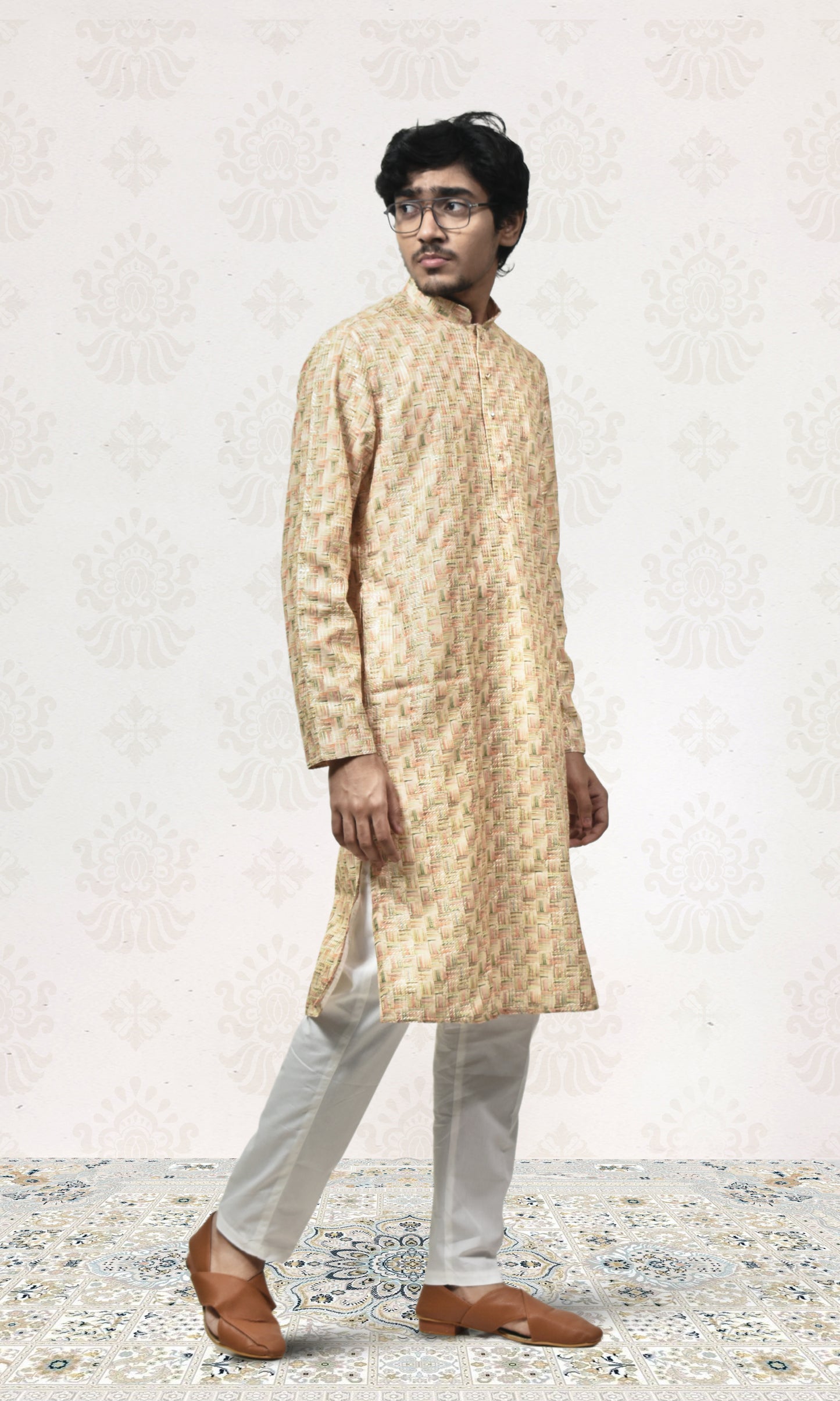 Handwoven Basket Illusion Kurta in Muted Gold & Sage