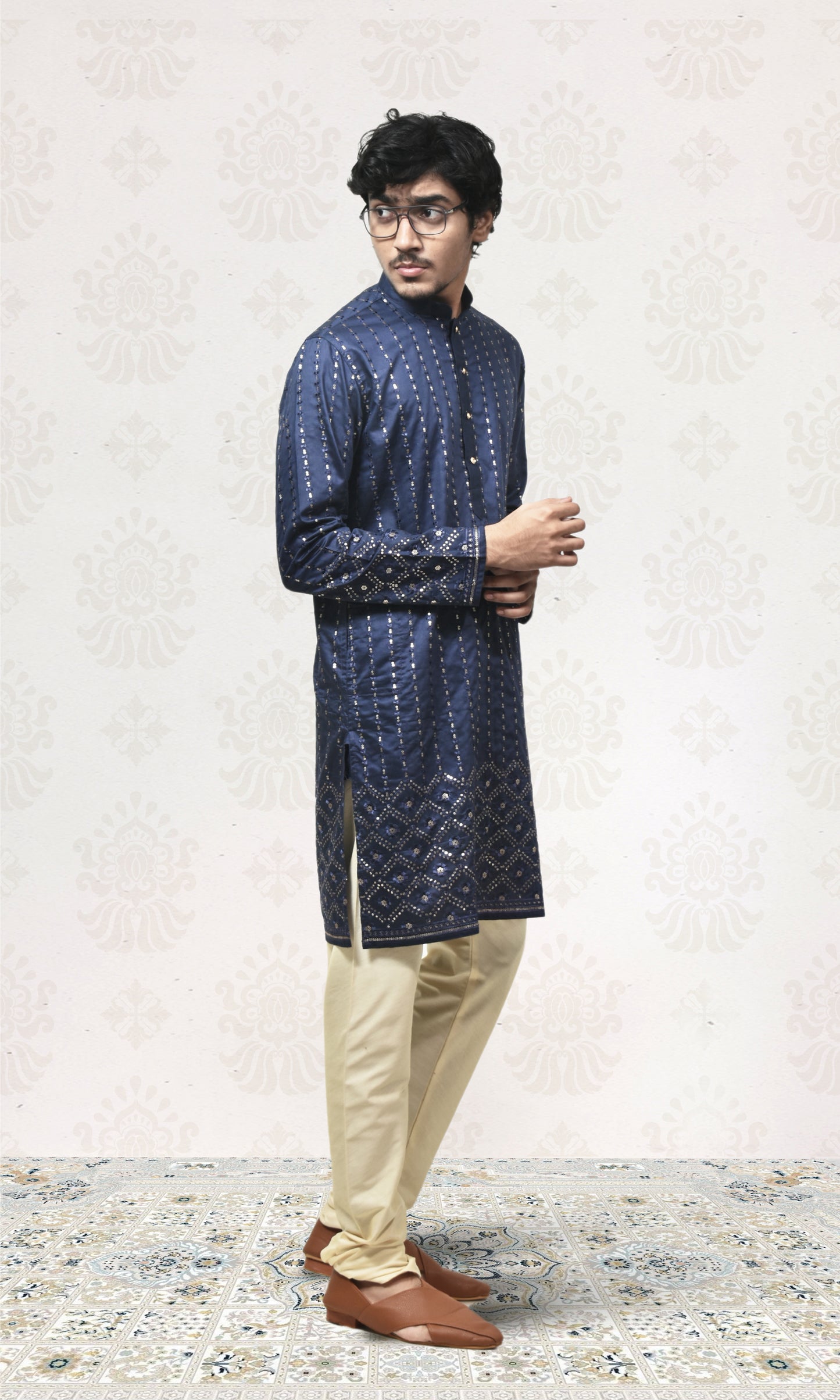 Starlit Navy Kurta with Luminous Gold Embroidery