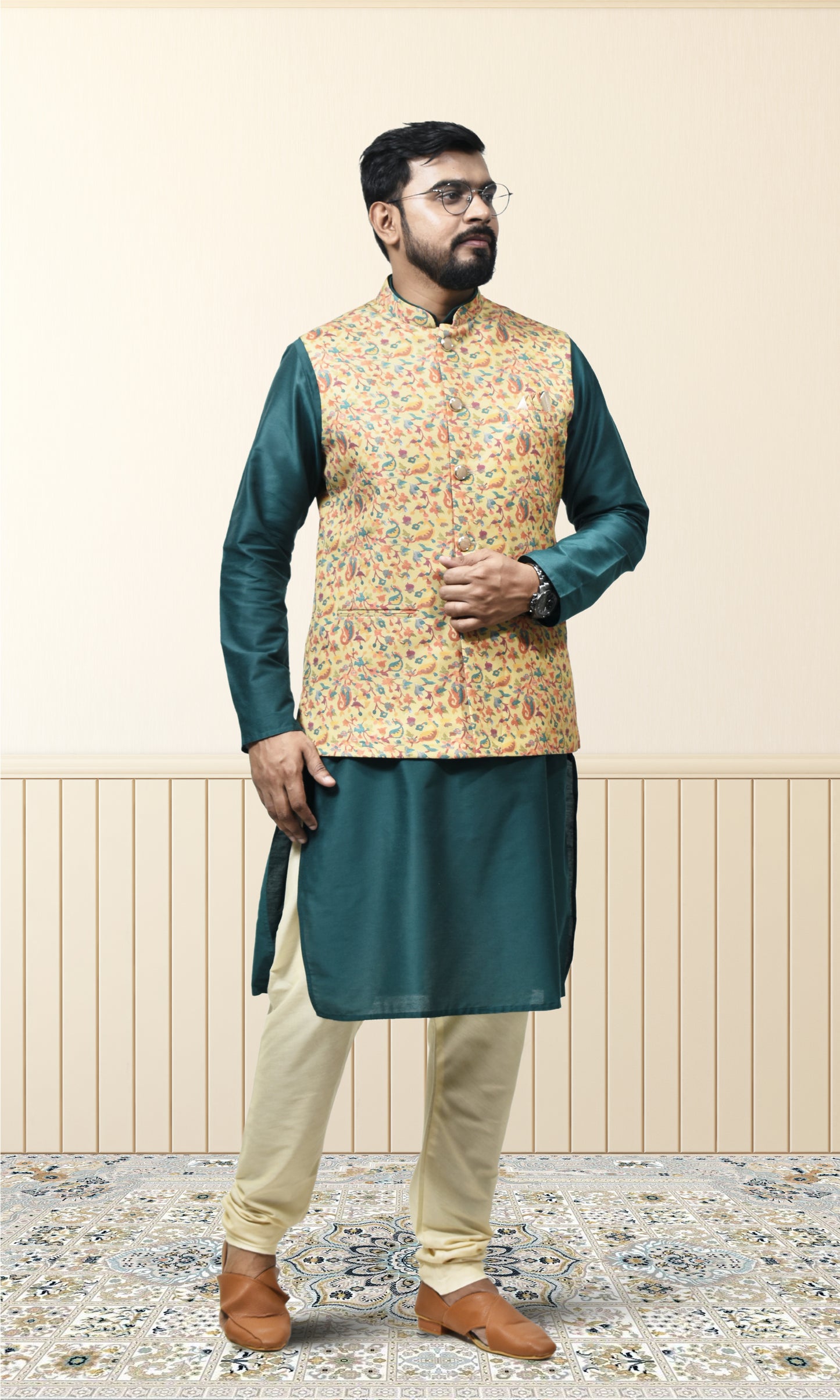 Haldi Yellow Pashmina Inspired Jacket with Botanical Flourishes