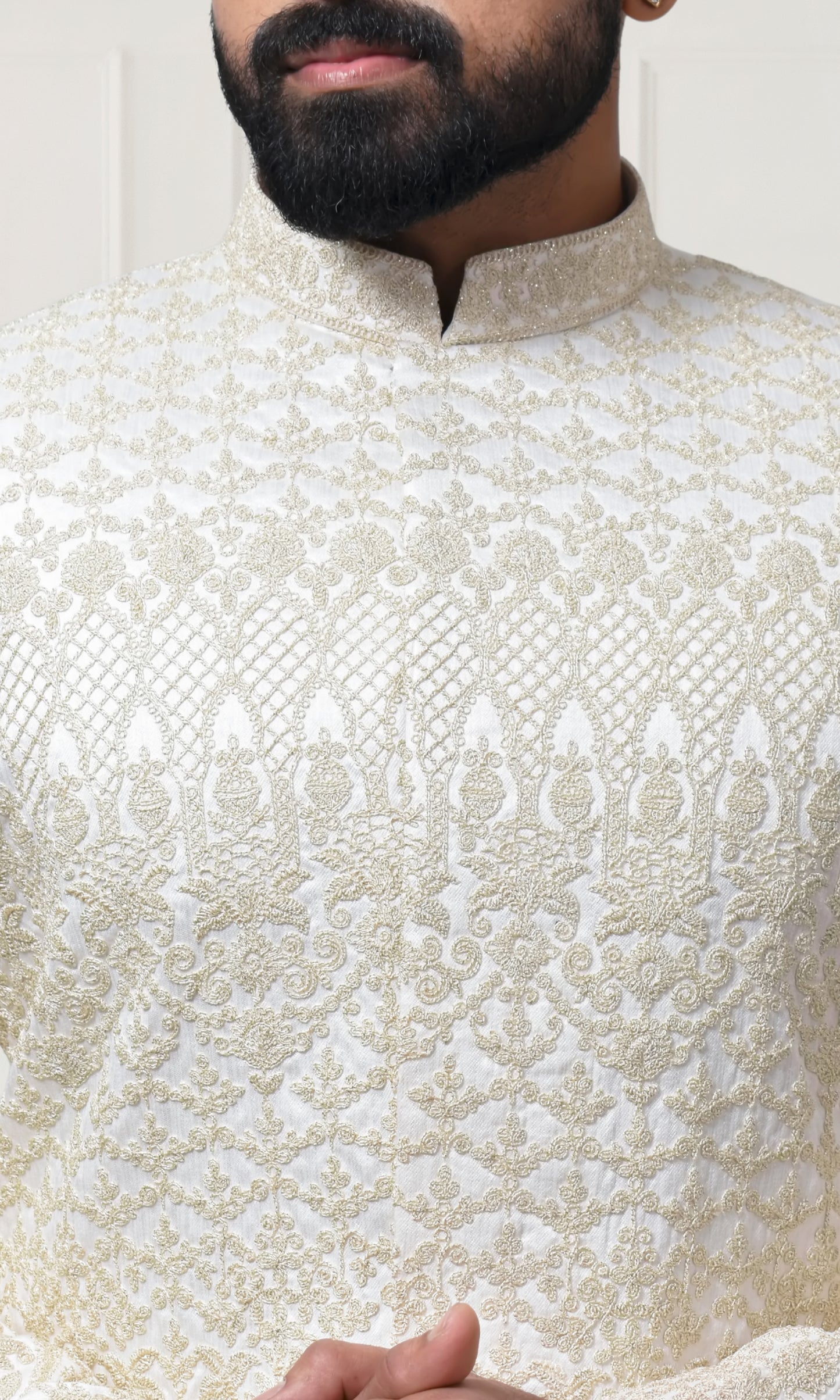 Majestic Ivory Gold Sherwani with Intricate Resham Threadwork & Ornate Weaving