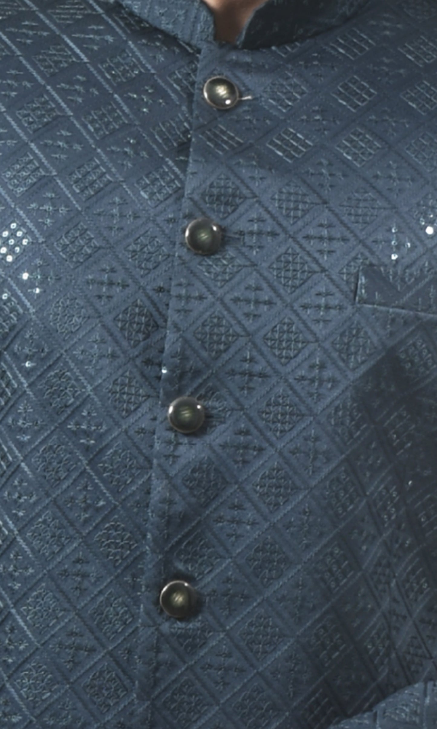 Midnight Teal Geometric Bandhgala with Sparkling Embellishments