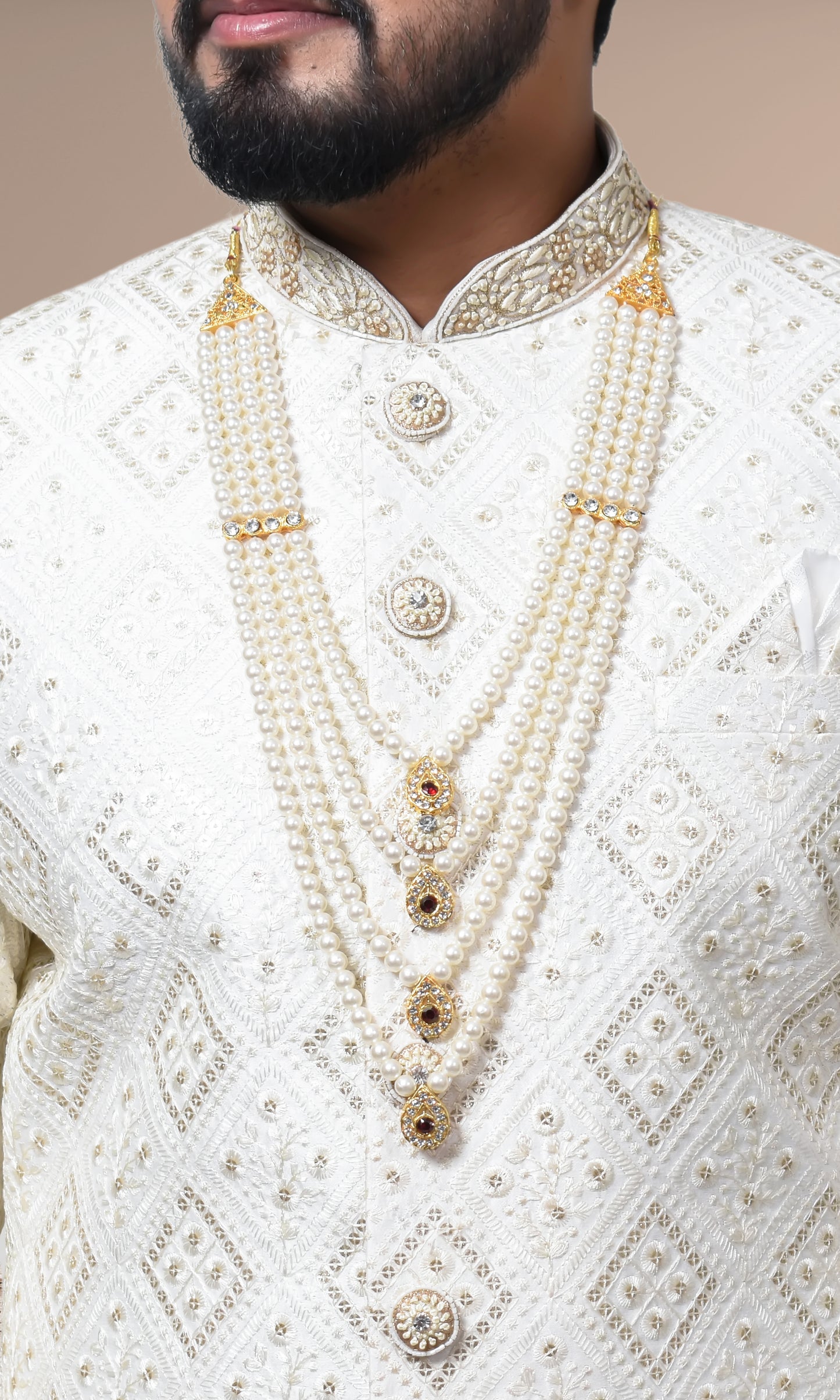 Ivory Diamond-Embroidered Sherwani with Pearl & Zari Embellishments