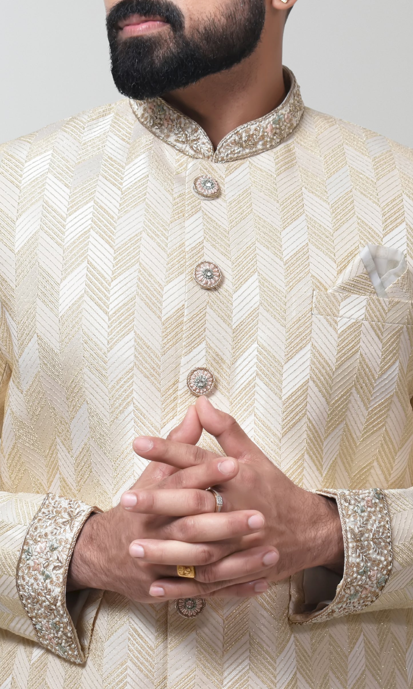 Majestic Ivory-Gold Woven Sherwani with Ornate Pearl Work & Zari Embellishments