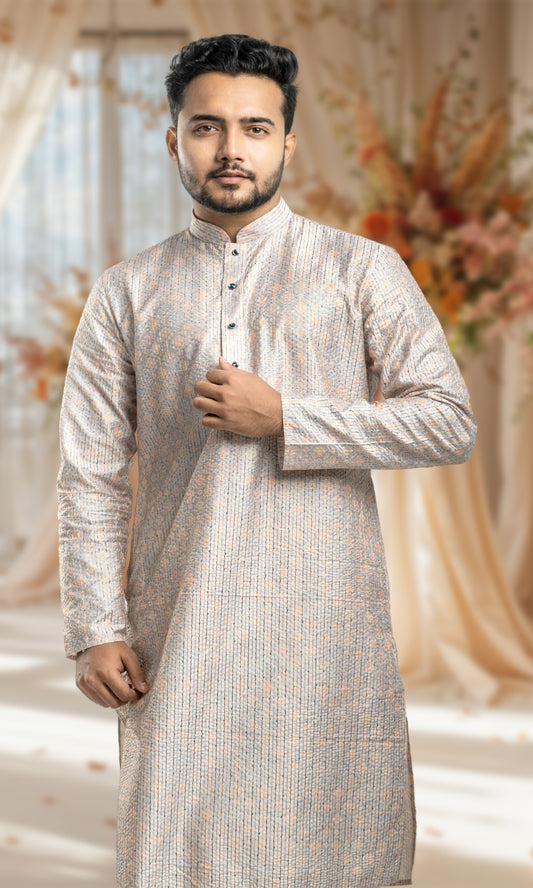 FADED BLUE WITH  MULTI COLOURED ETHNIC MOTIFS PRINT KURTA WITH SEQIUNED THREADWORK