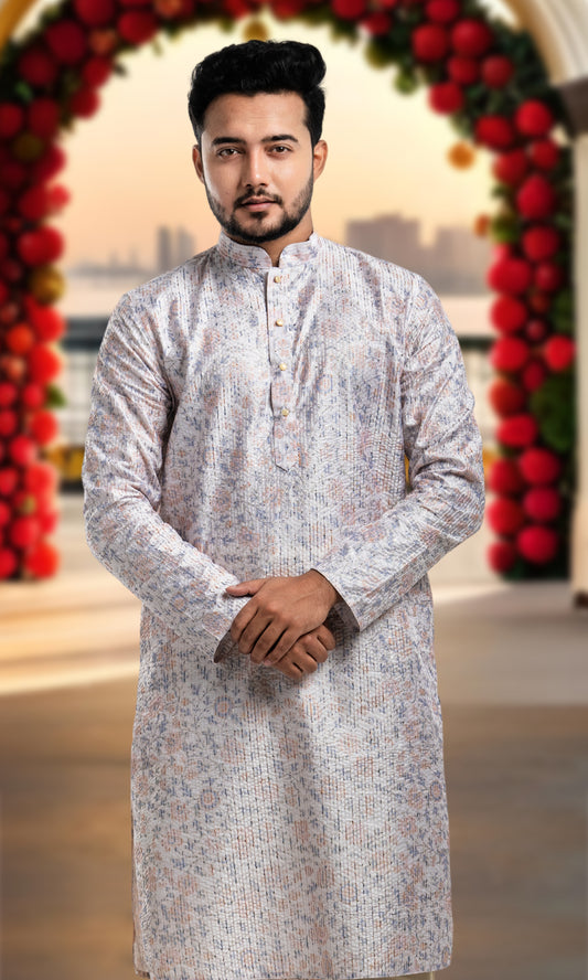 FADED CREAM MULTI COLOURED FLORAL PRINT KURTA WITH SEQIUNED THREADWORK