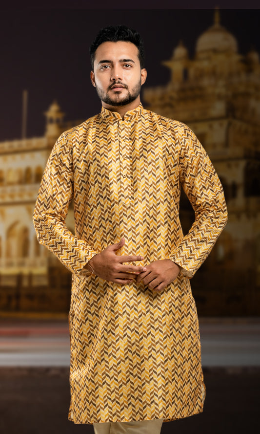 DUAL HALDI YELLOW BOTANICAL LEAF PRINT KURTA WITH SEQIUNED THREADWORK