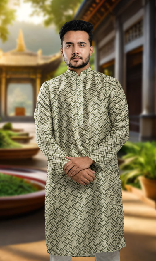 DUAL GRASS GREEN BOTANICAL LEAF PRINT KURTA WITH SEQIUNED THREADWORK