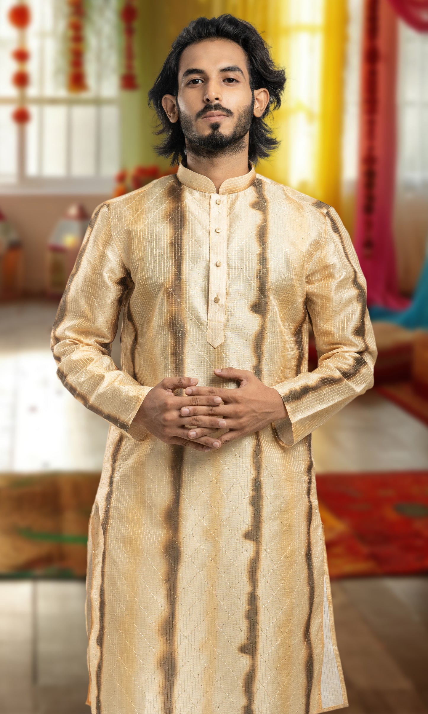 SHADED HALDI WITH CINNAMON YELLOW OMBRE INSPIRED PRINT KURTA WITH SEQIUNED THREADWORK