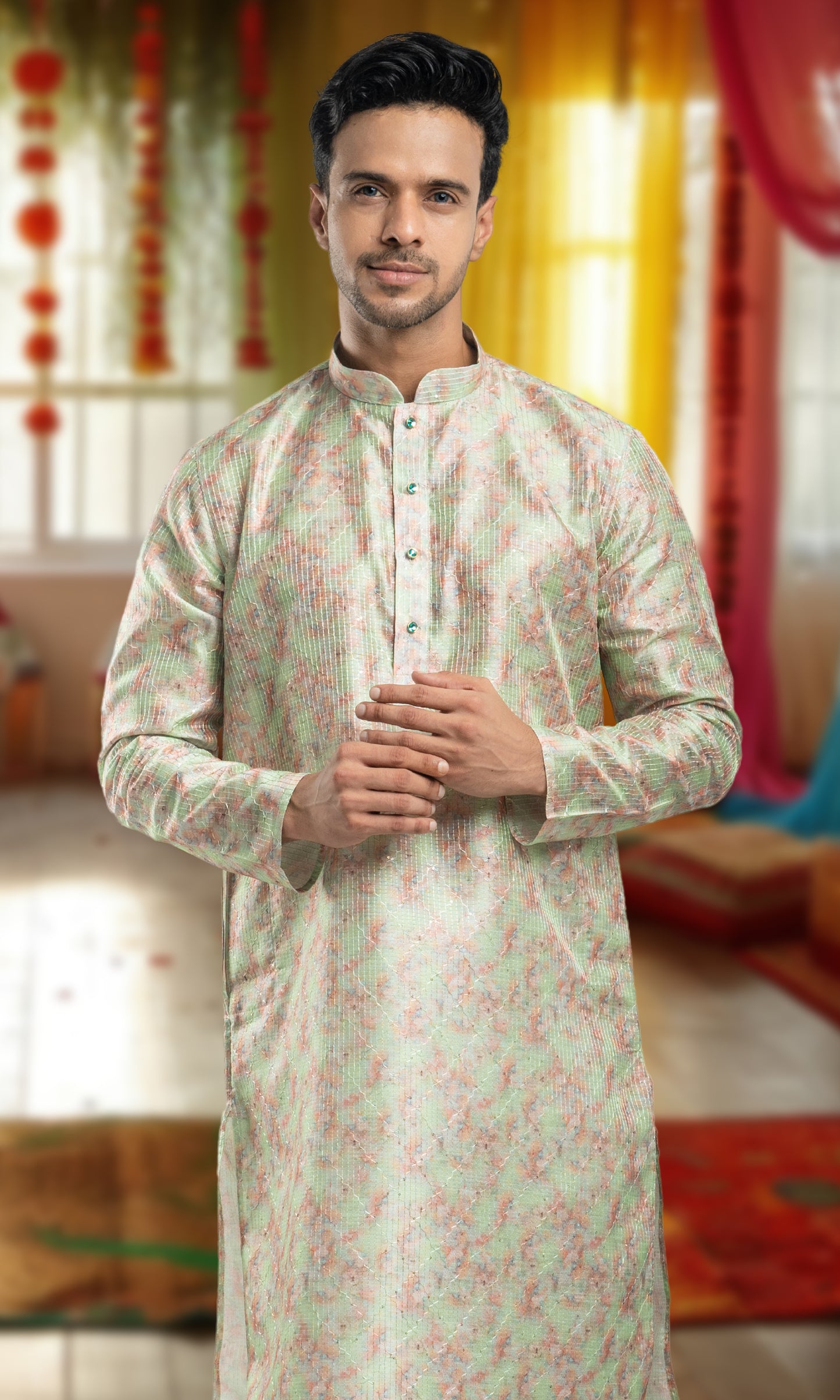 SEA GREEN WITH MULTI COLOUED ABSTRACT PRINT KURTA WITH SEQIUNED THREADWORK