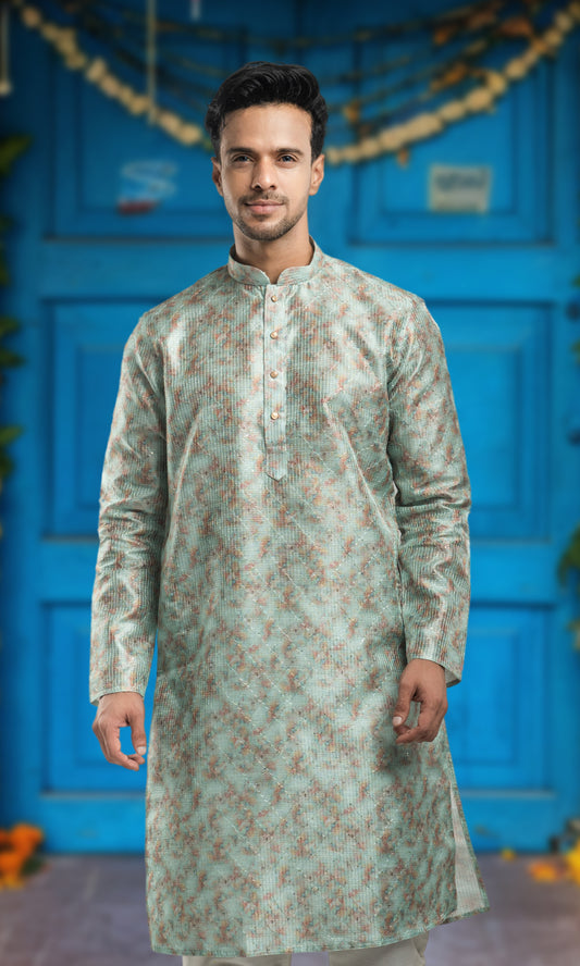 AQUAMARINE BLUE WITH MULTI COLOUED ABSTRACT PRINT KURTA WITH SEQIUNED THREADWORK