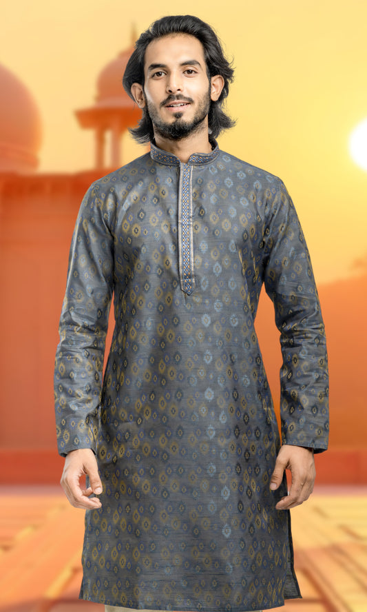 SPACE BLUE WEAVED ETHNIC MOTIFS KURTA WITH THREAD WORK EMBRIODERY