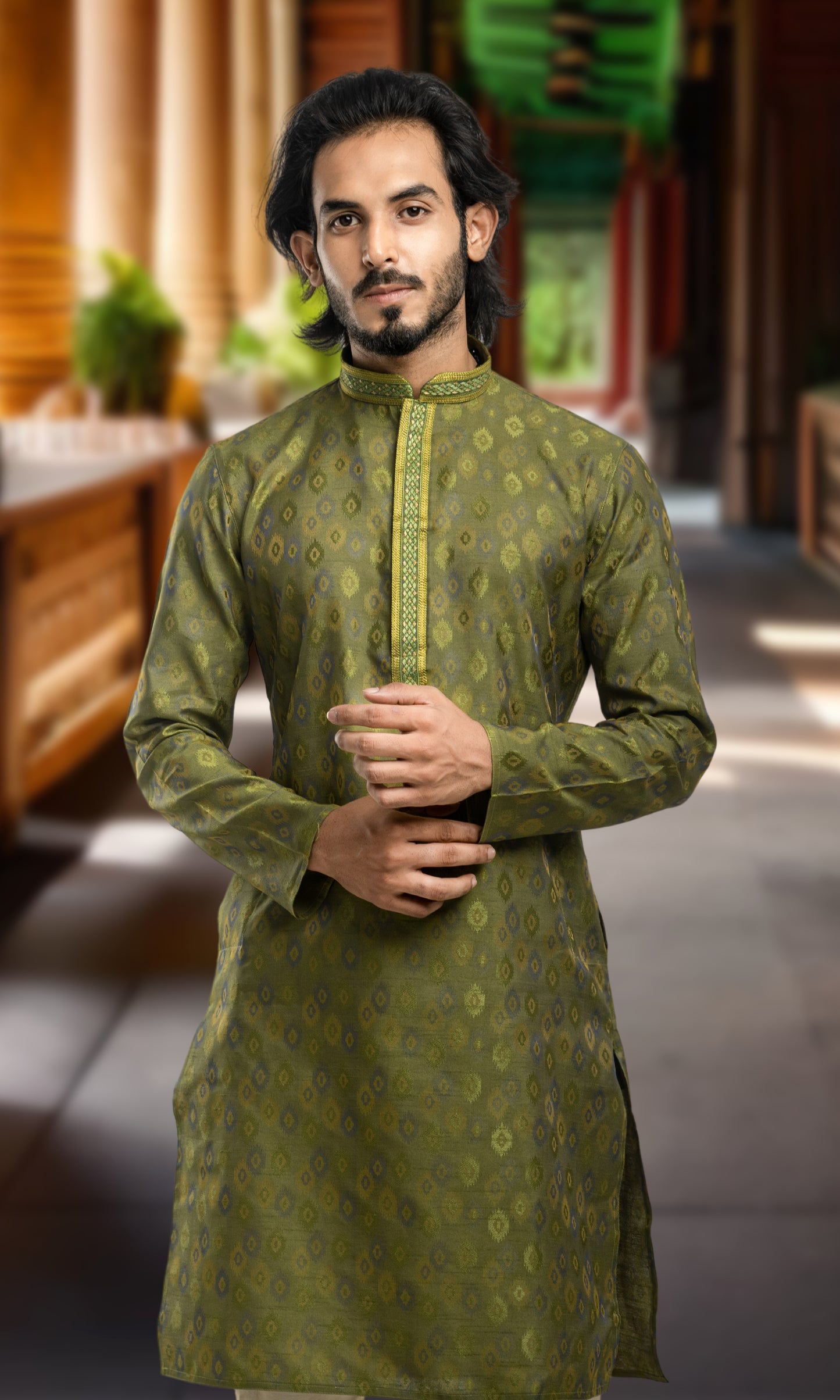 JUNIPER GREEN WEAVED ETHNIC MOTIFS KURTA WITH THREAD WORK EMBRIODERY