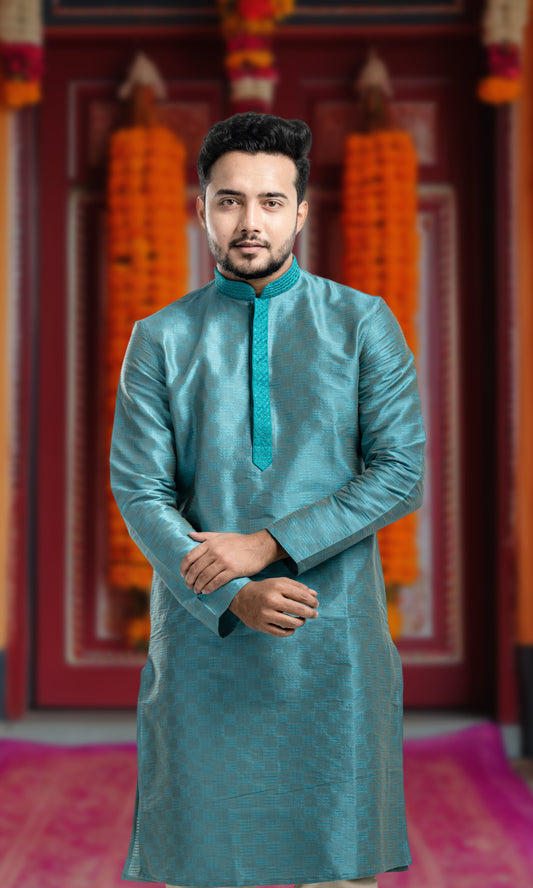 DEEP TURQUOISE WEAVED ETHNIC MOTIFS KURTA WITH EMBRIODERY