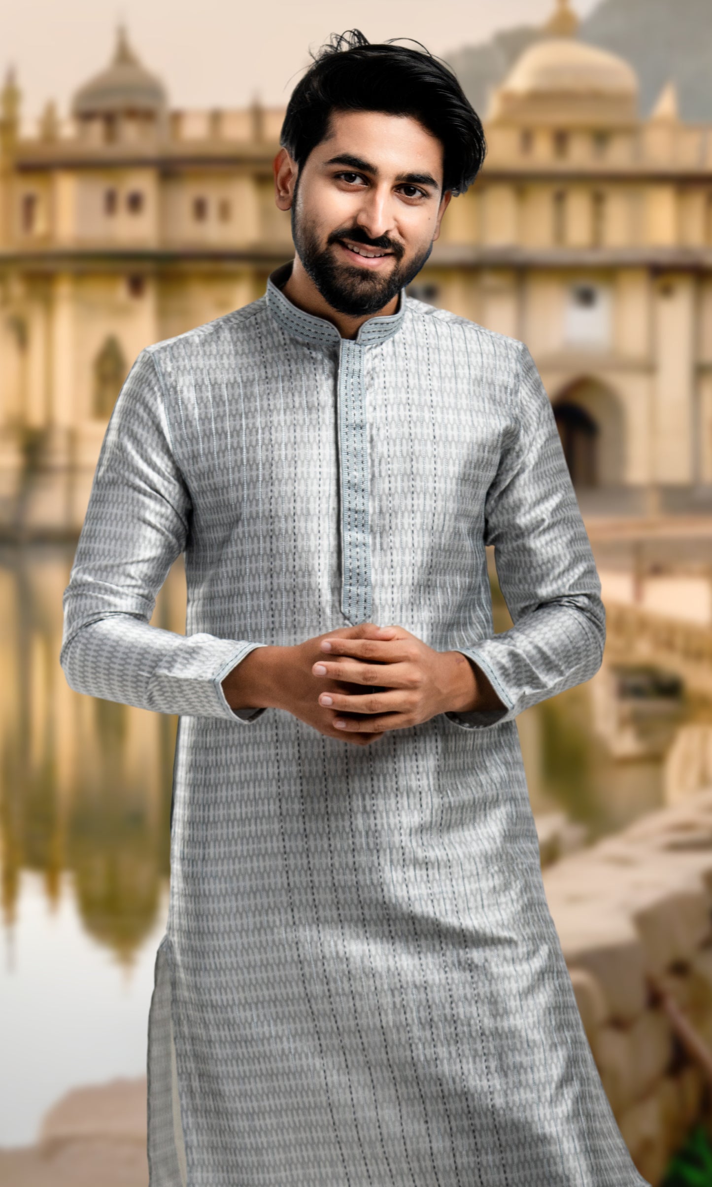 STEEL GREY WEAVED ETHNIC MOTIFS WITH KATHA STITCH KURTA