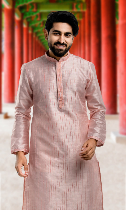 BABY PINK WEAVED ETHNIC MOTIFS WITH KATHA STITCH KURTA