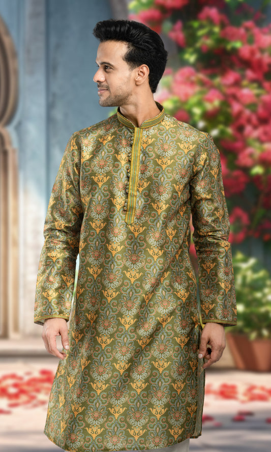 VARDUN GREEN WITH MULTI COLOUR MADALLION PRINT KURTA WITH THREAD EMBRIODERY