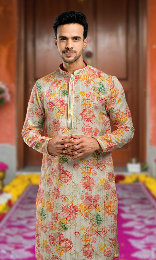 VENETIAN RED WITH MULTI COLOUR ABSTRACT PRINT KURTA WITH SEQIUNED THREADWORK