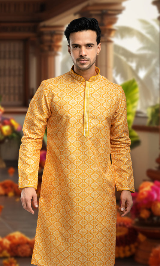 HALDI YELLOW HARLEQUIN PRINT KURTA WITH SEQIUNED THREADWORK