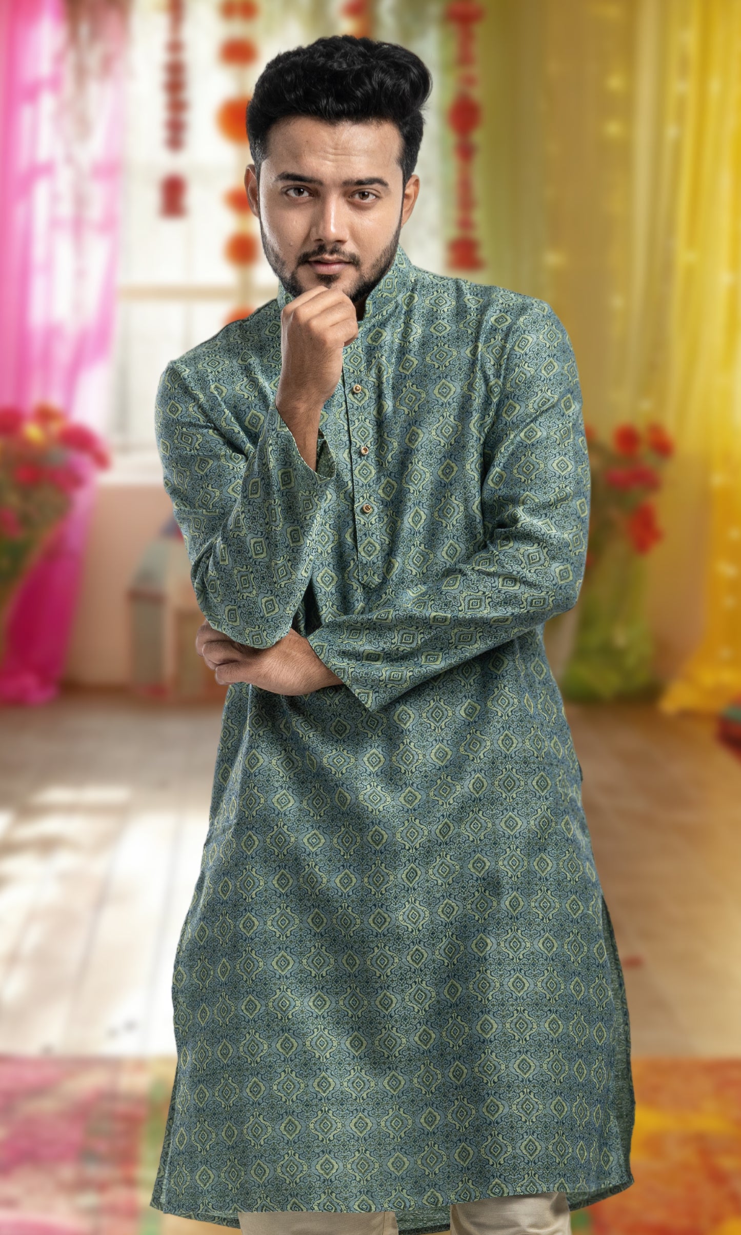 CARIBBEAN TURQUOISE MADALLION WEAVED KURTA