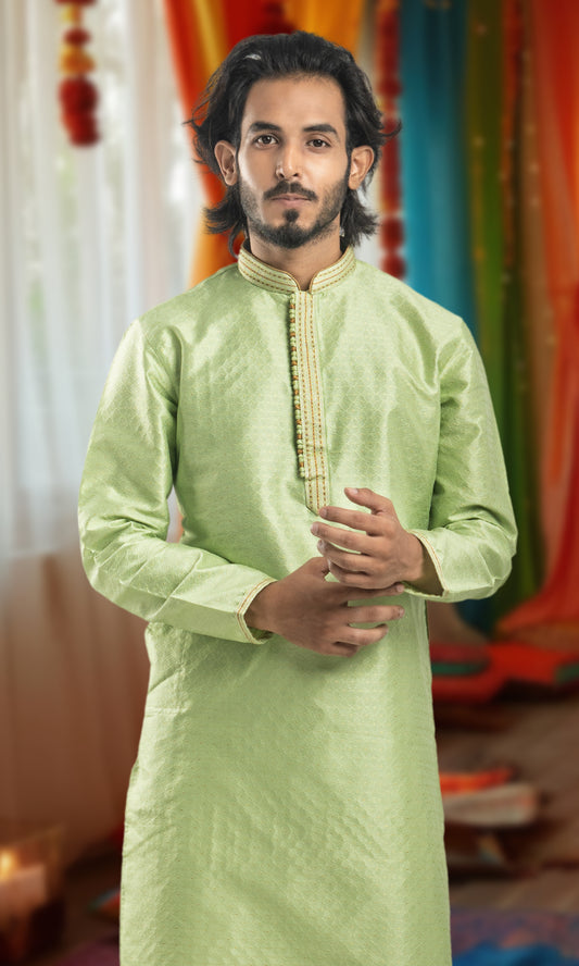 LEAF GREEN HARLEQUIN STYLE WEAVED KURTA WITH THREAD WORK EMBRIODERY